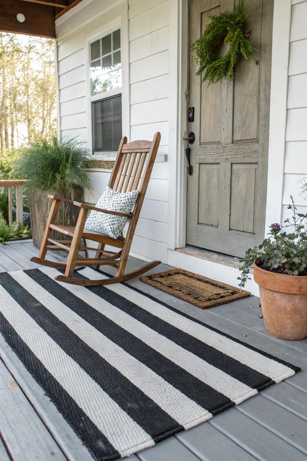 A classic striped rug adds a touch of elegance and versatility to any porch.