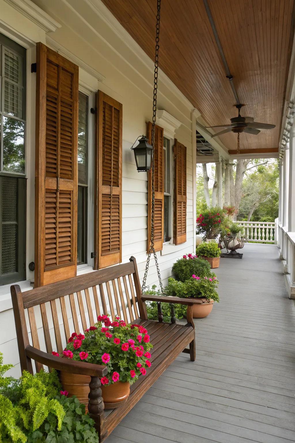A traditional porch with elegant wooden screens surrounded by potted plants.