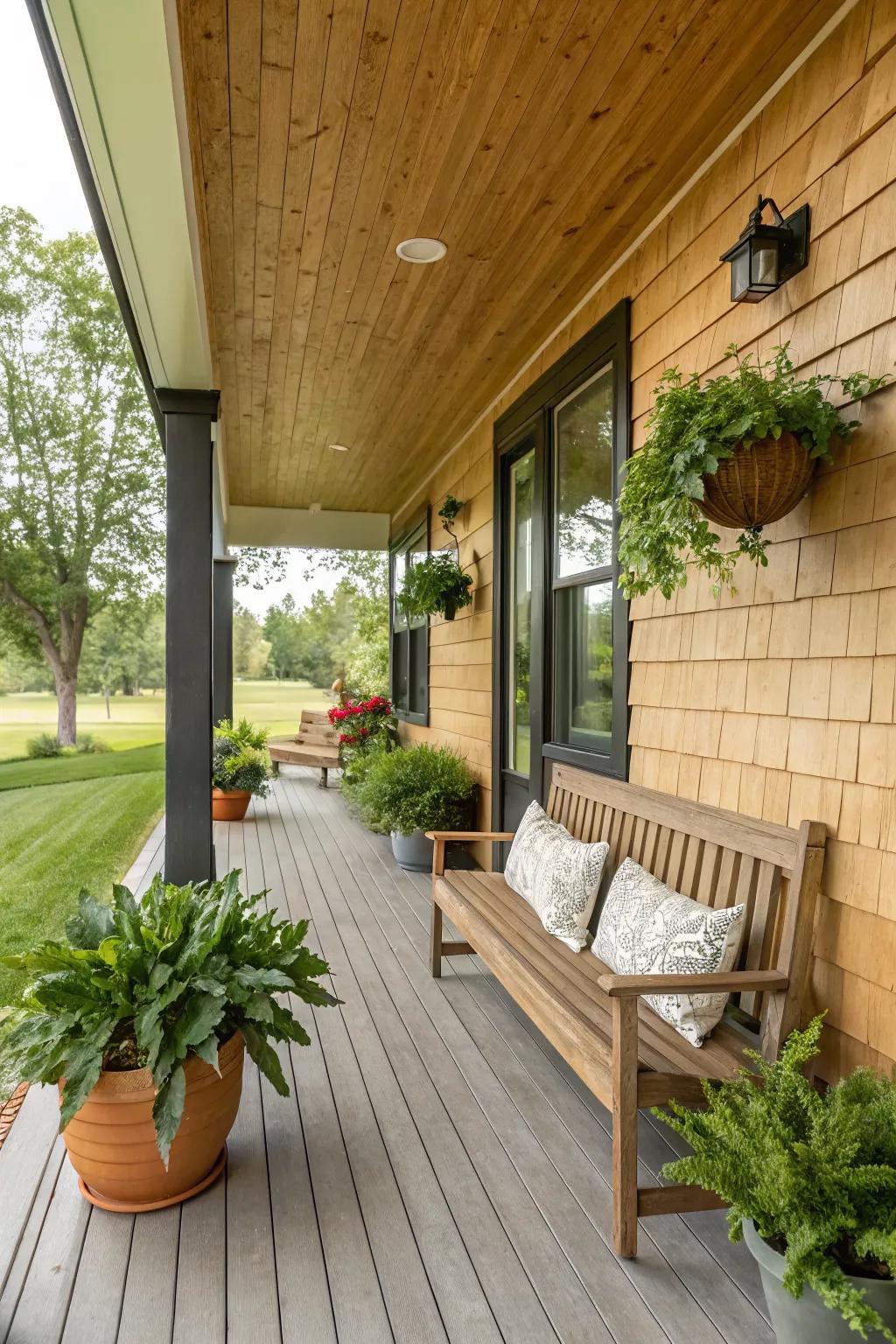 A cozy front porch with rustic wooden shiplap siding.