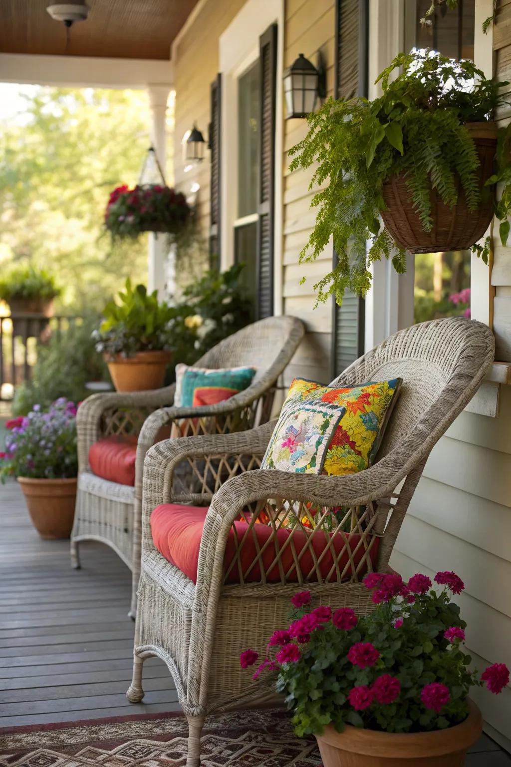 A cozy corner with inviting wicker chairs and vibrant pillows