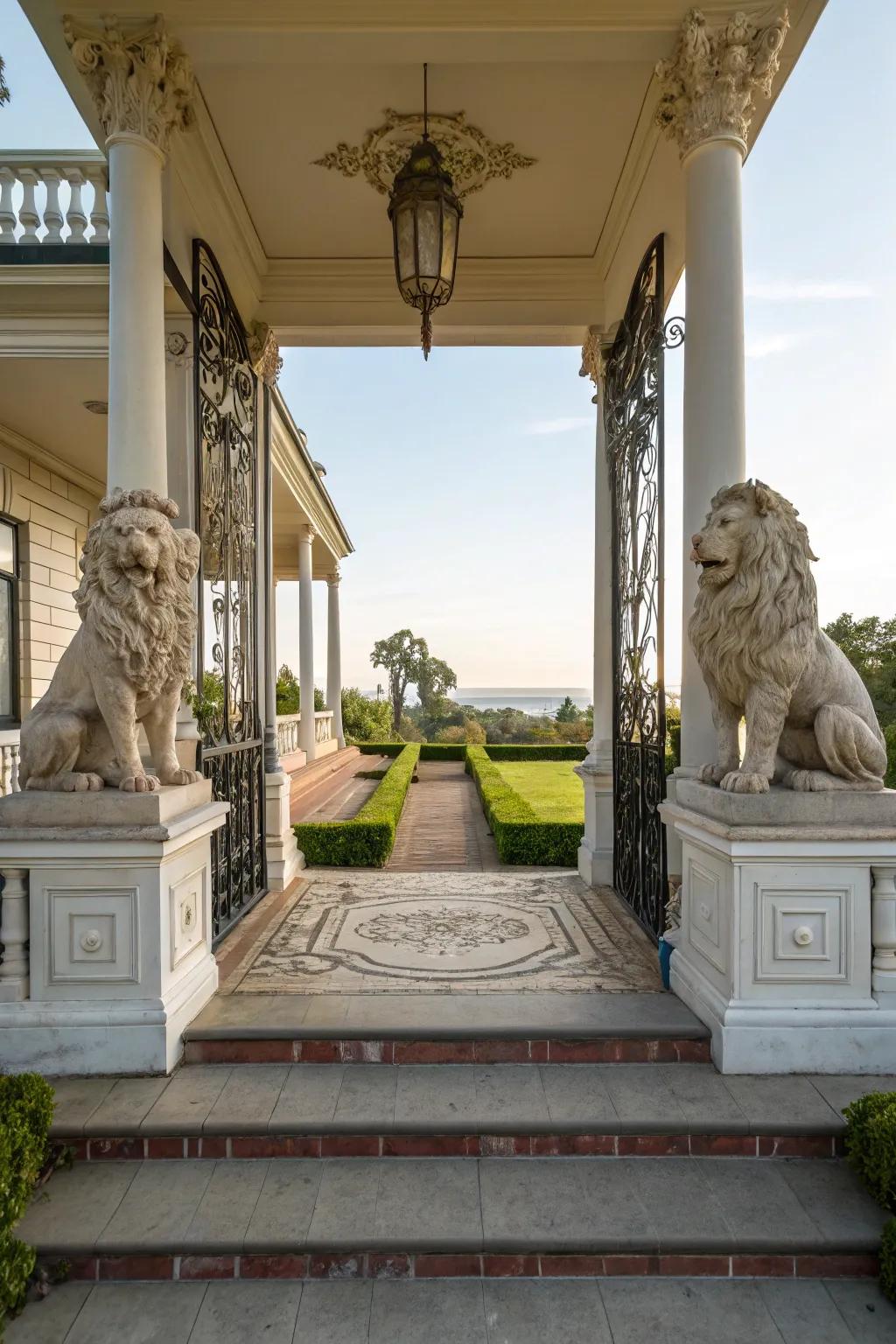Lion statues on the porch create a graceful and welcoming entrance.