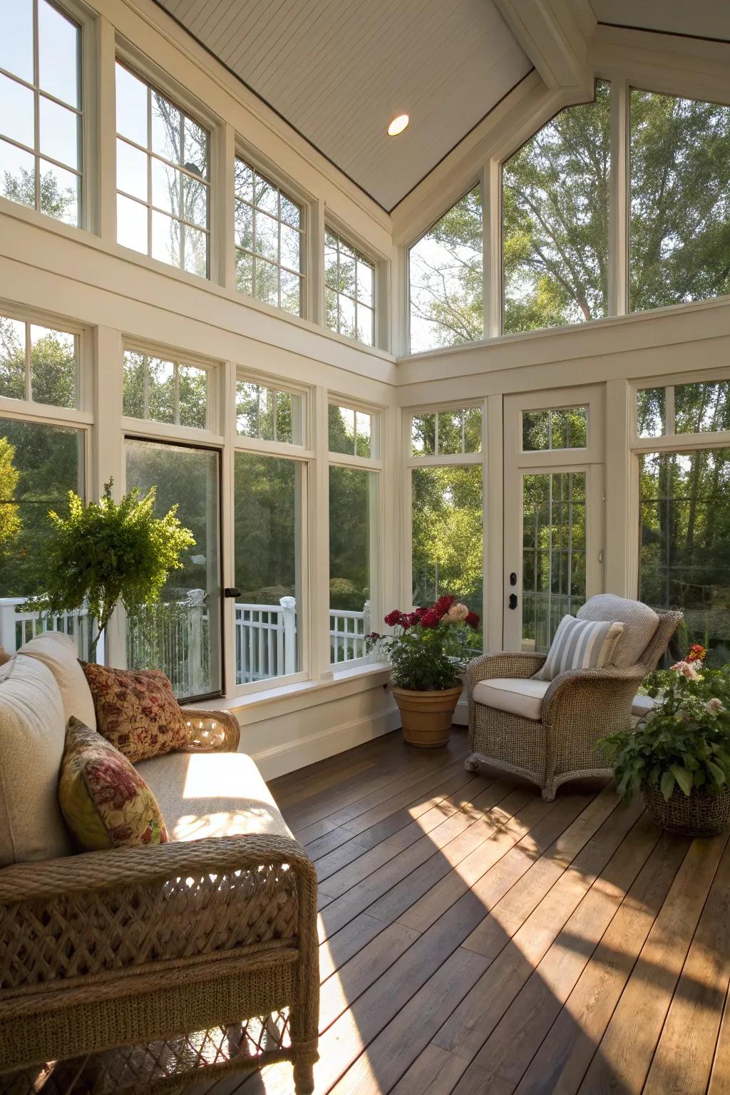Sunlight pouring into a sunroom with floor-to-ceiling windows.