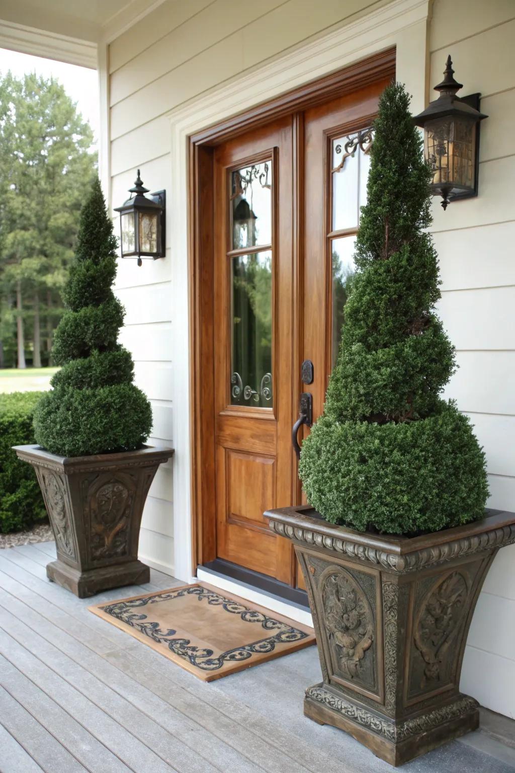 Symmetrical topiaries frame this charming entrance.