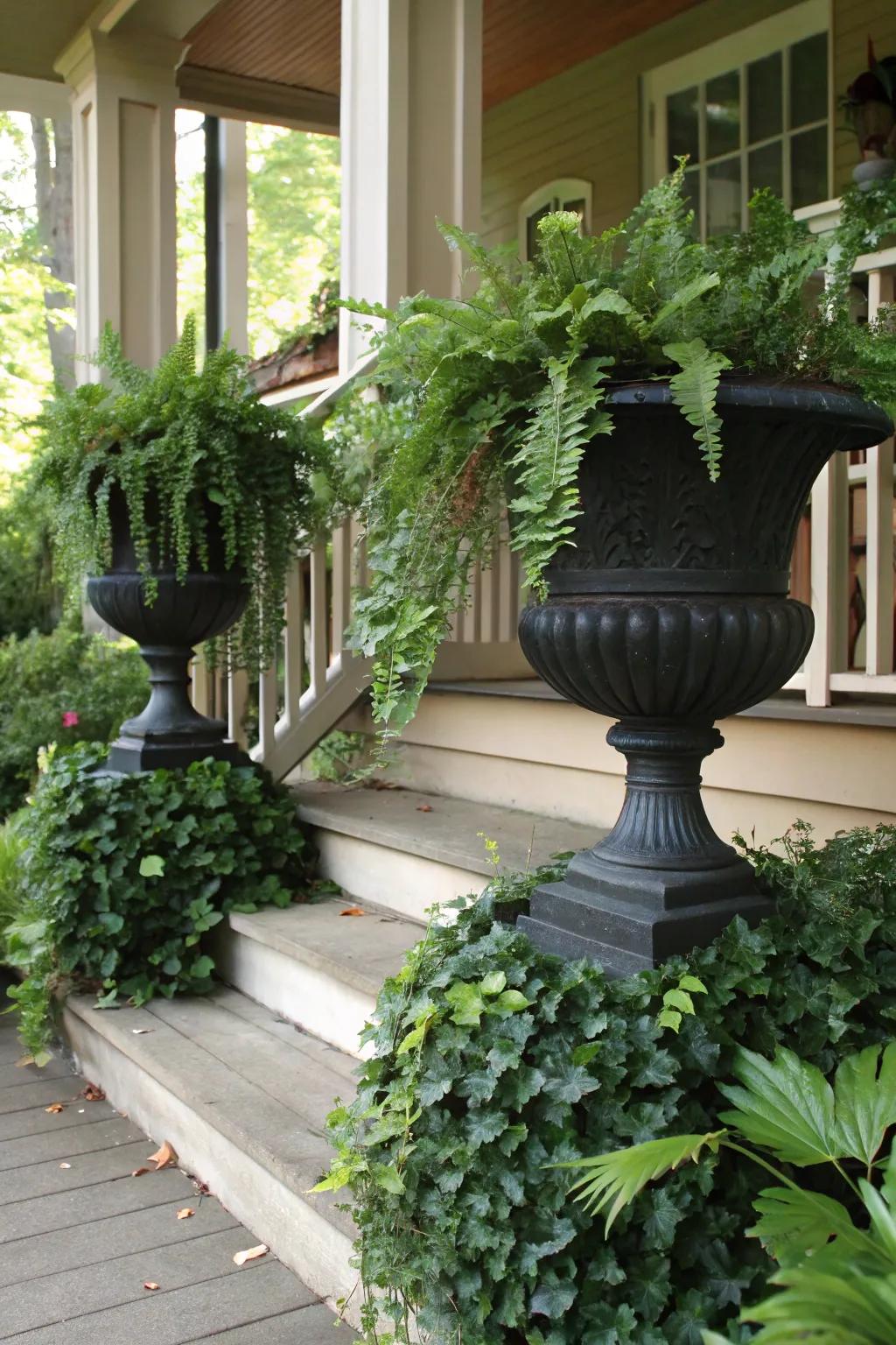 Timeless black urns paired with lush greenery for a classic look.