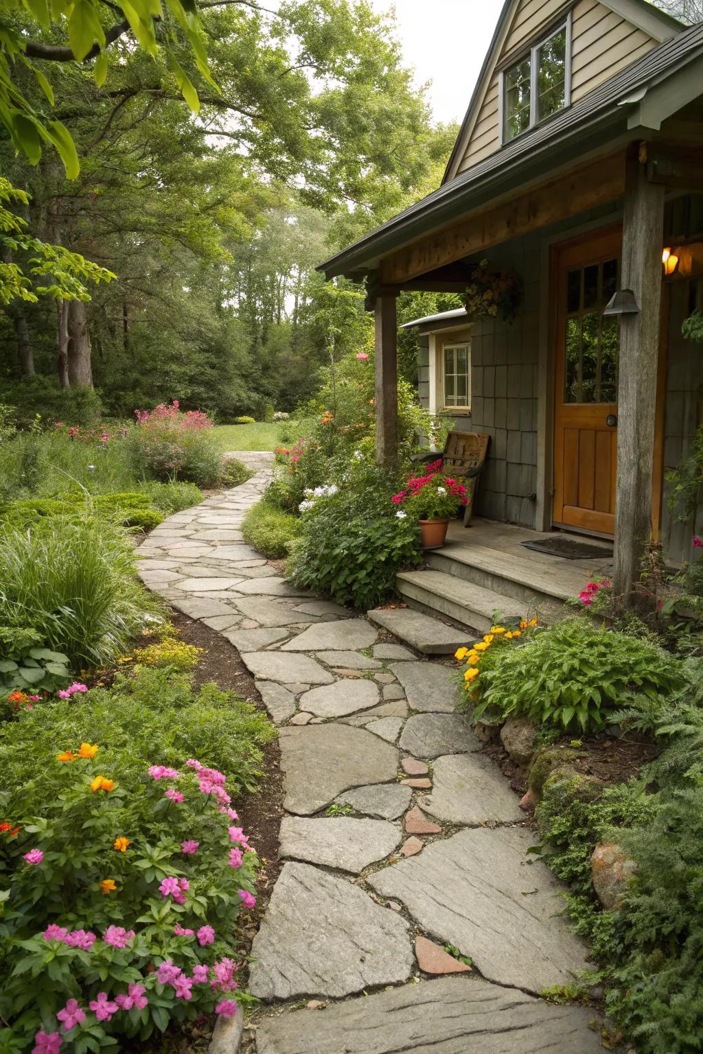 A rustic natural stone walkway leading to a cozy porch.