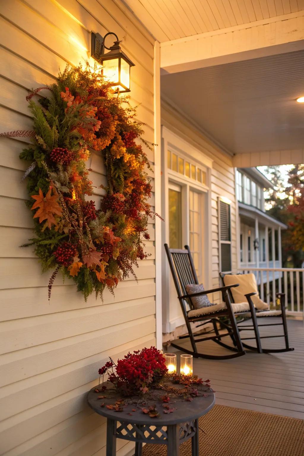 A festive seasonal wreath adorns the porch wall