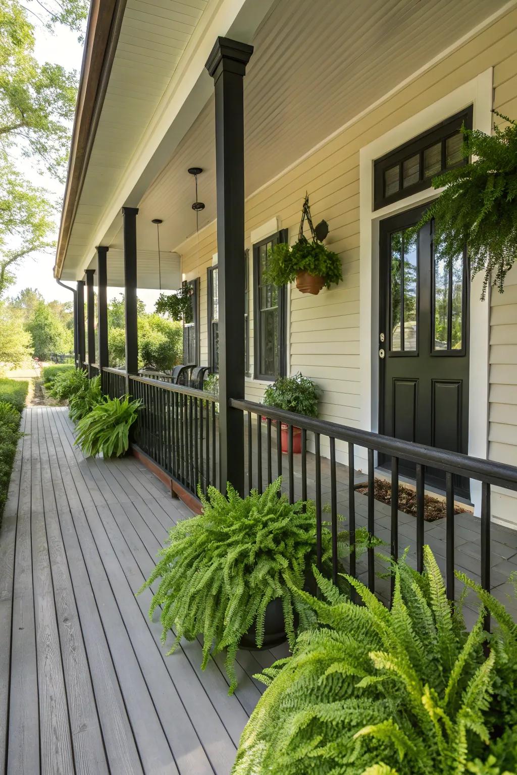 Black railings beautifully contrast with the light exterior, accentuated by lush greenery.