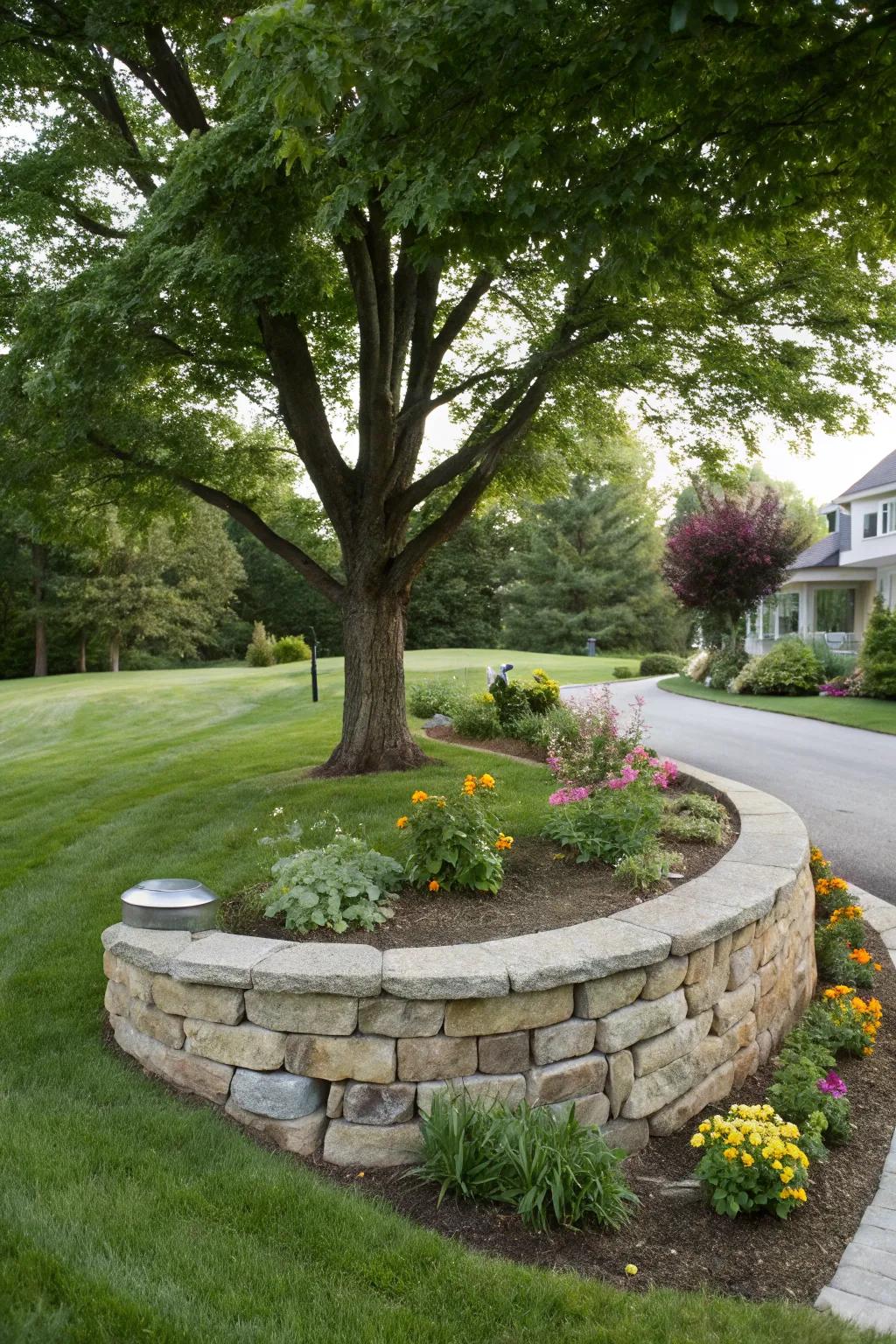Spotlight your favorite tree with a stylish retaining wall.