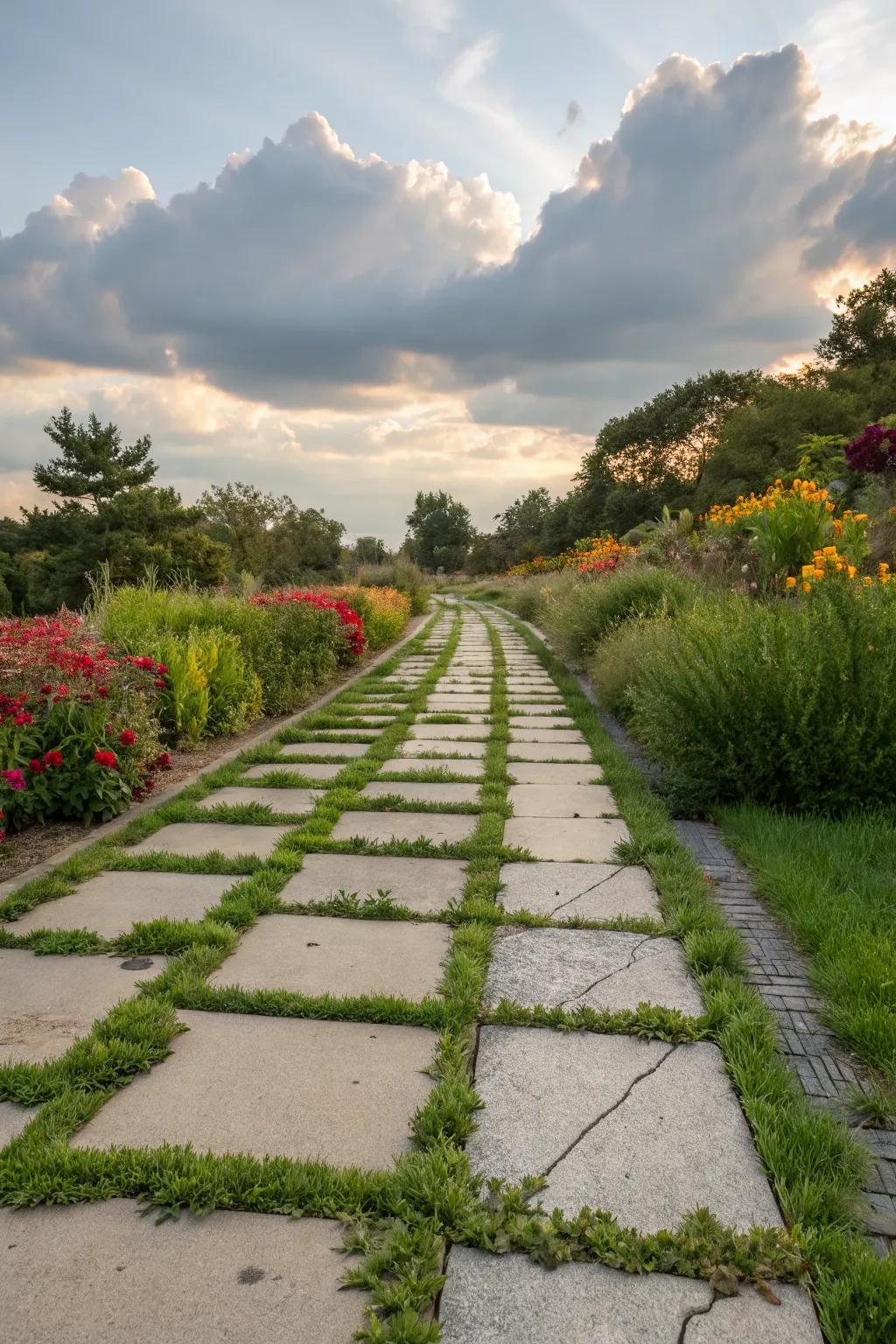 A harmonious blend of concrete and grass inlays for a natural walkway.