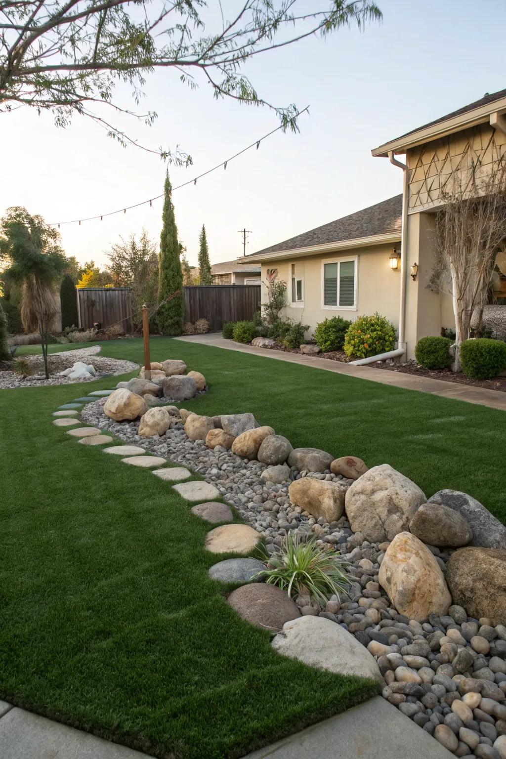A harmonious blend of artificial grass and rock textures.
