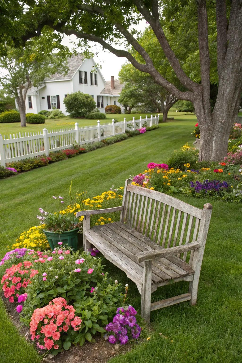A classic wooden bench adds warmth and character to any front yard.
