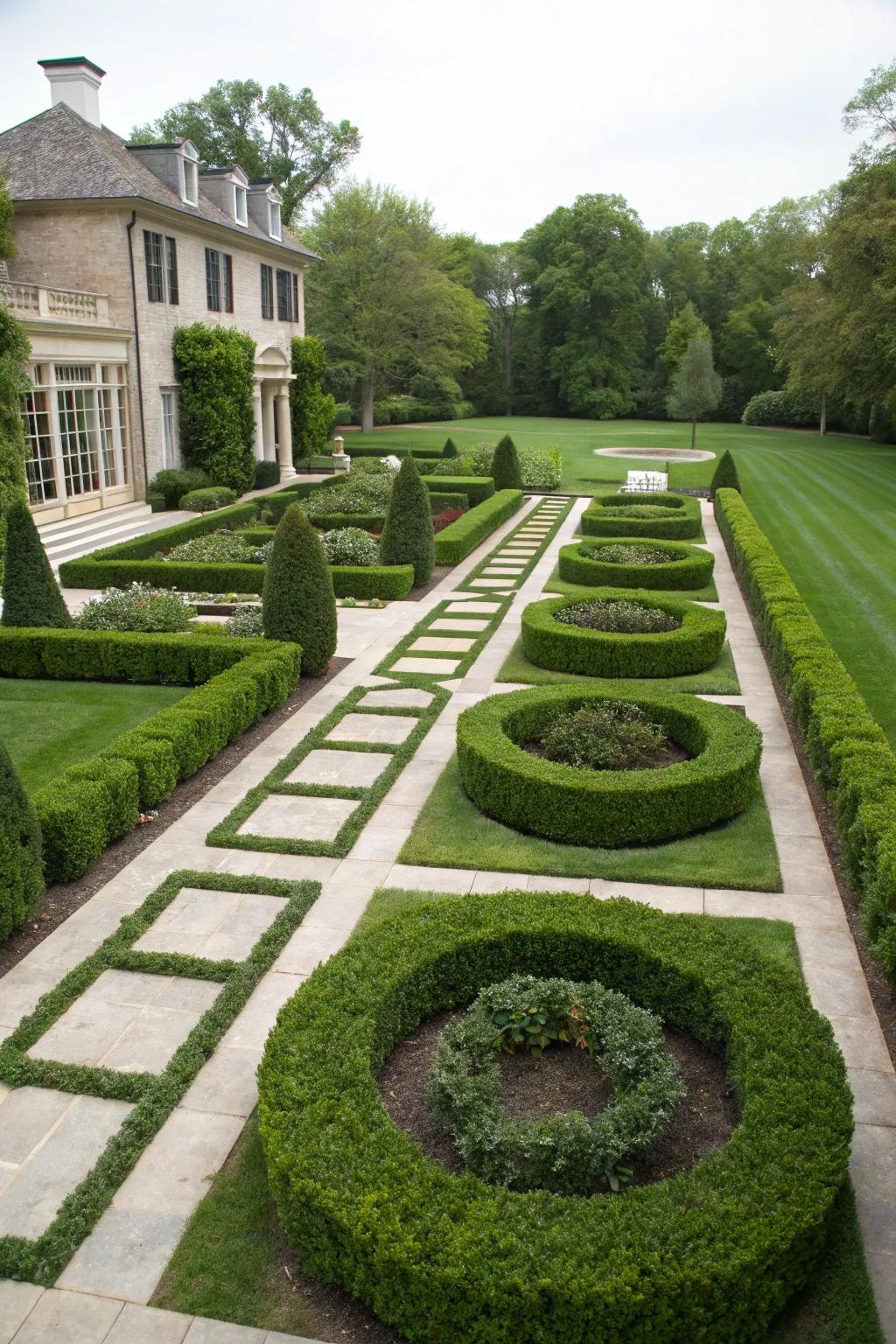 Geometric boxwood patterns frame the entrance beautifully.