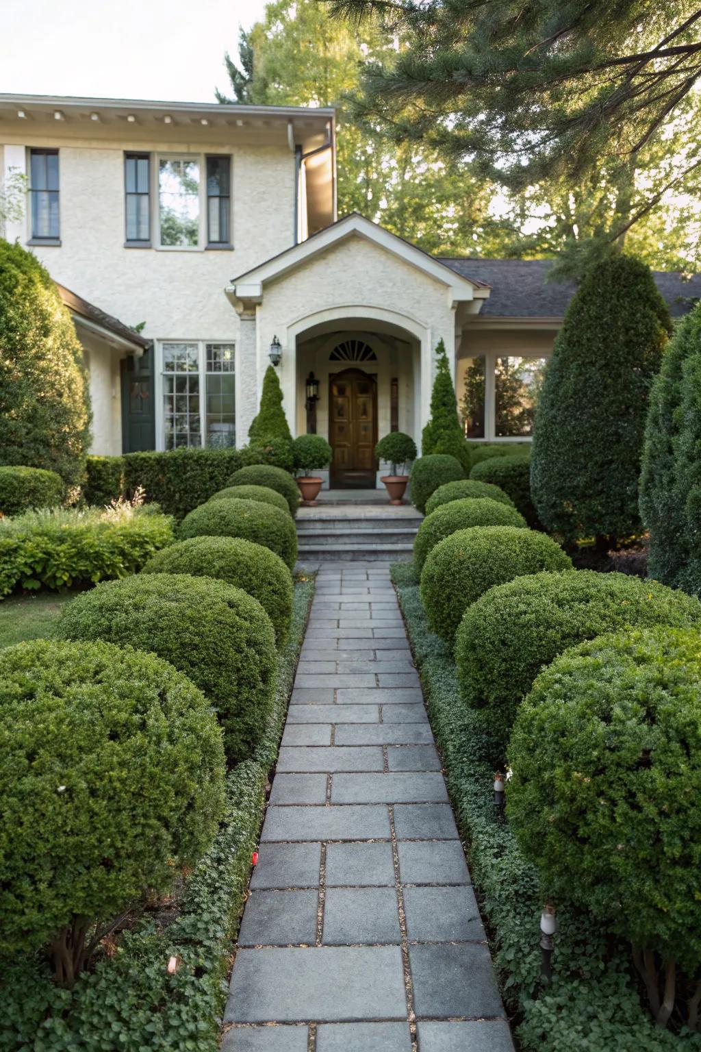 Symmetrical bush arrangements can transform your entryway.