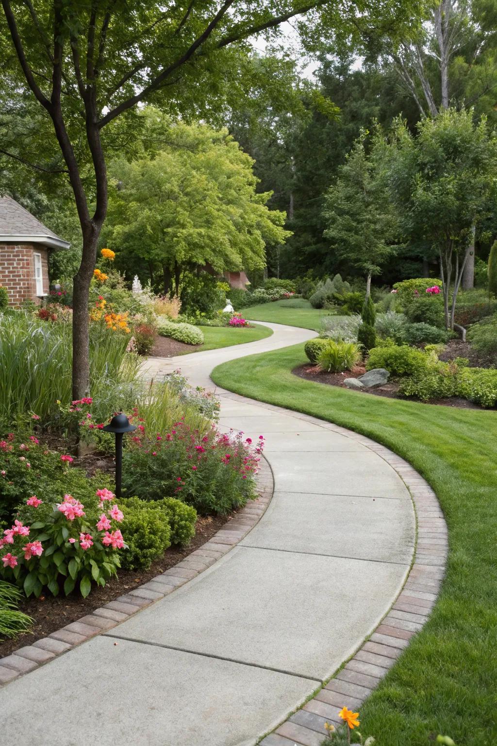 A curving concrete pathway adds a gentle flow to this front yard.