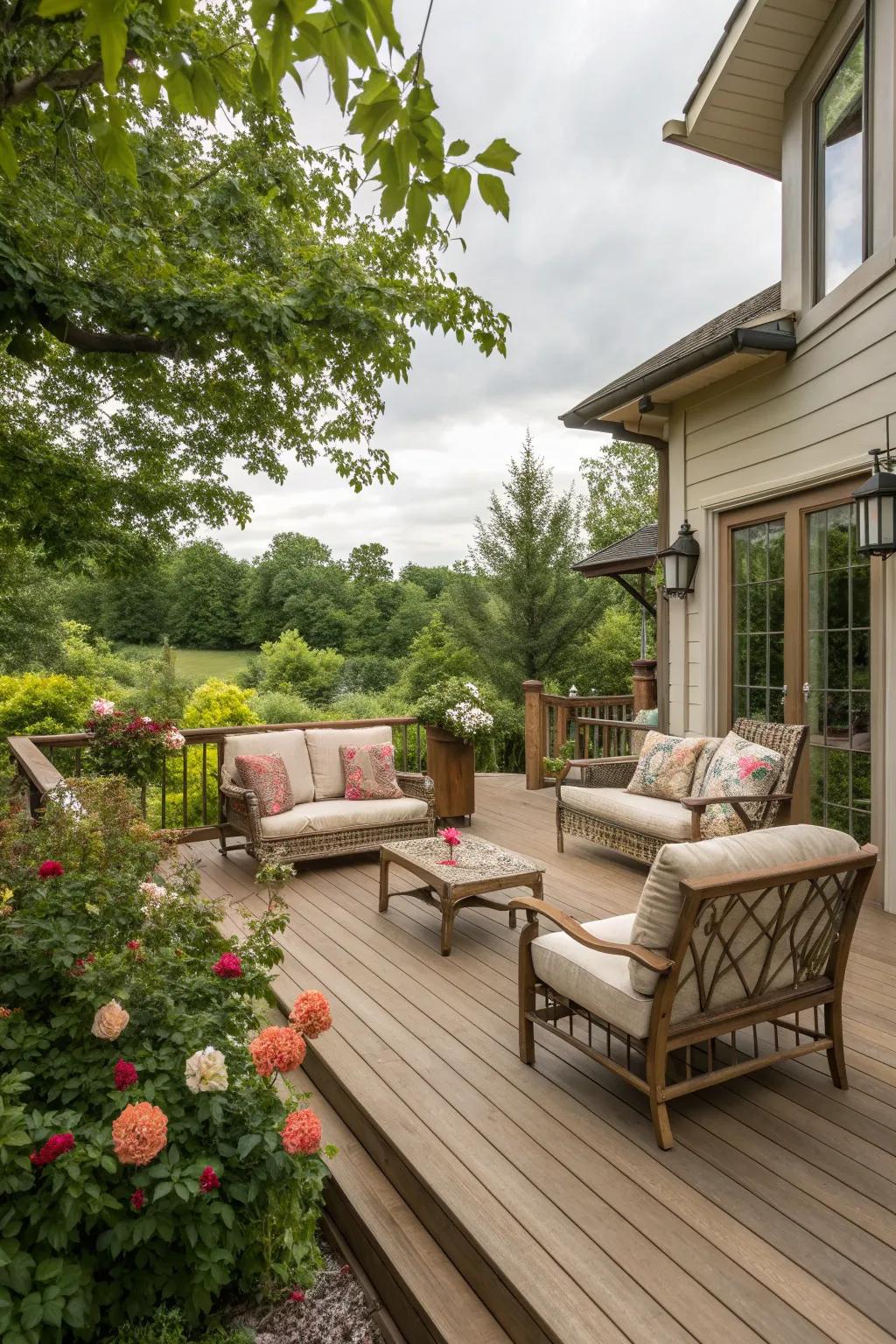 Timeless front yard deck with natural wood tones and classic furniture.