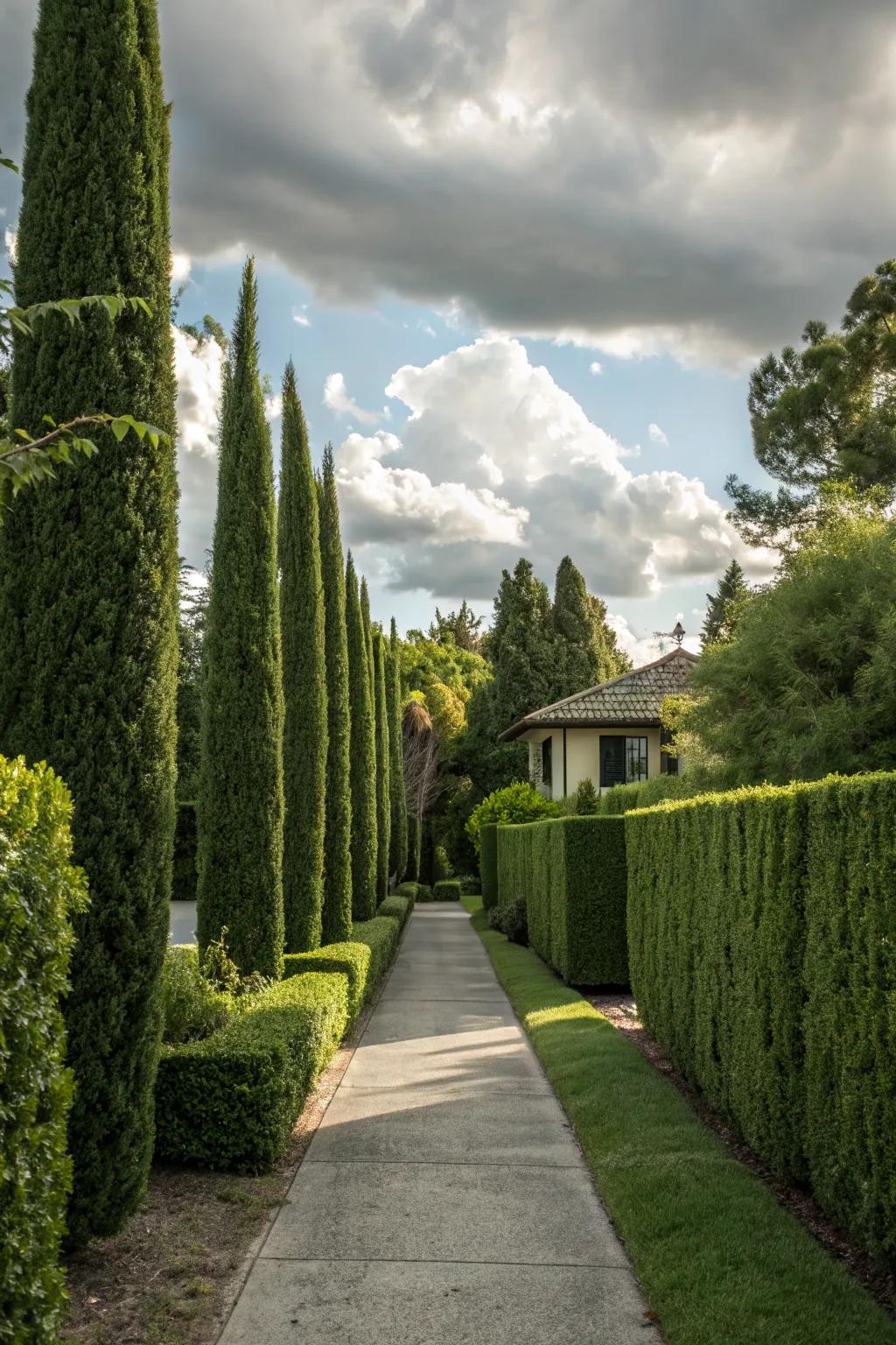 Tall hedges create a natural and private boundary in the front yard.