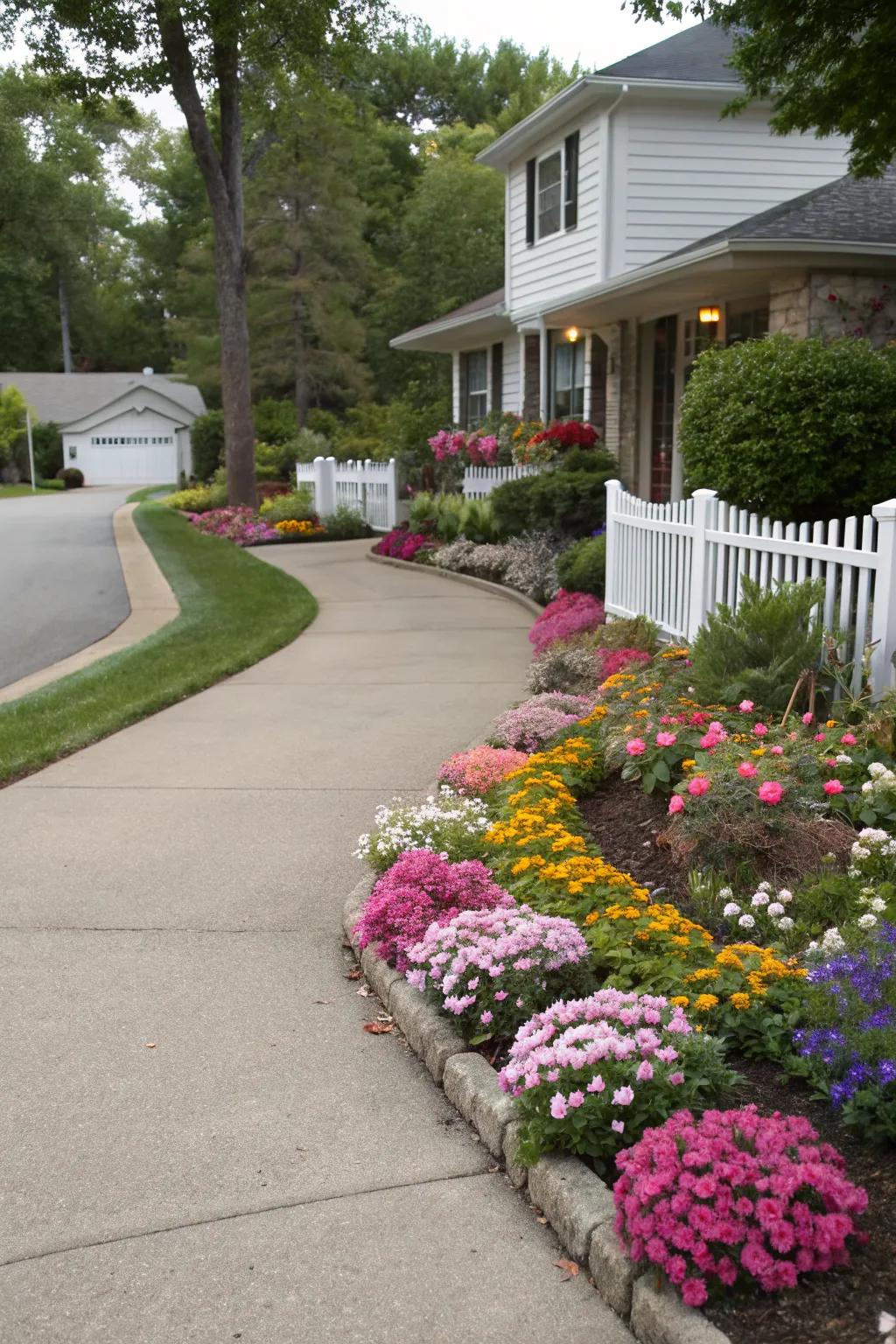 Flower beds add a splash of color to any driveway.