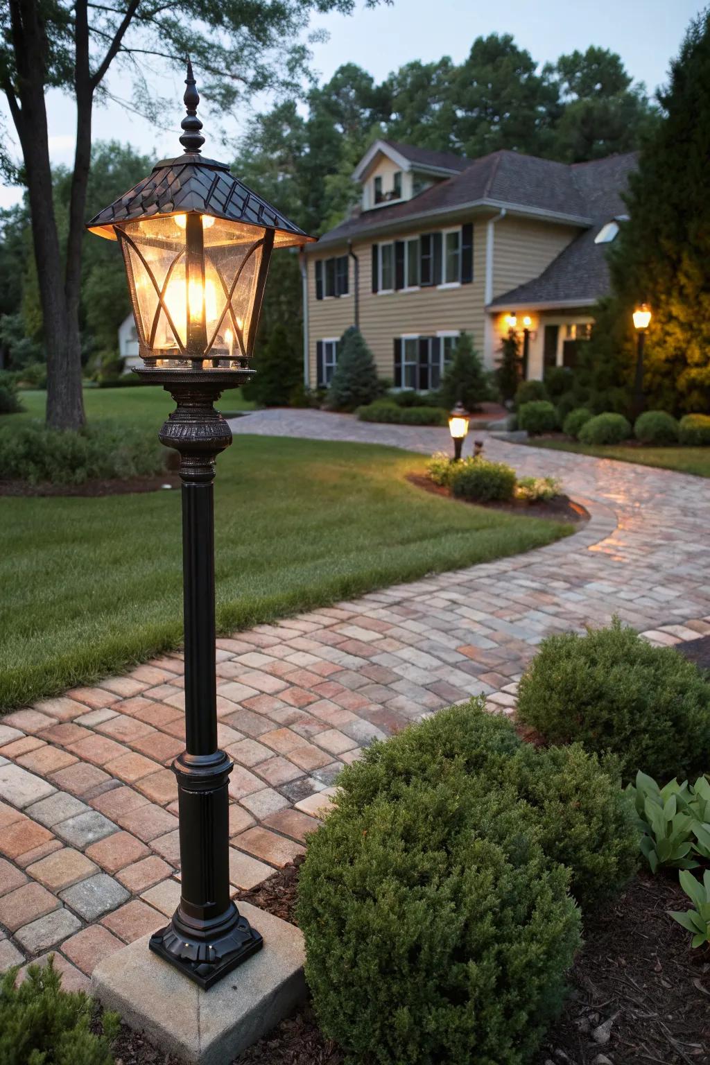 Timeless lantern-style light post casting a warm glow over a brick driveway.
