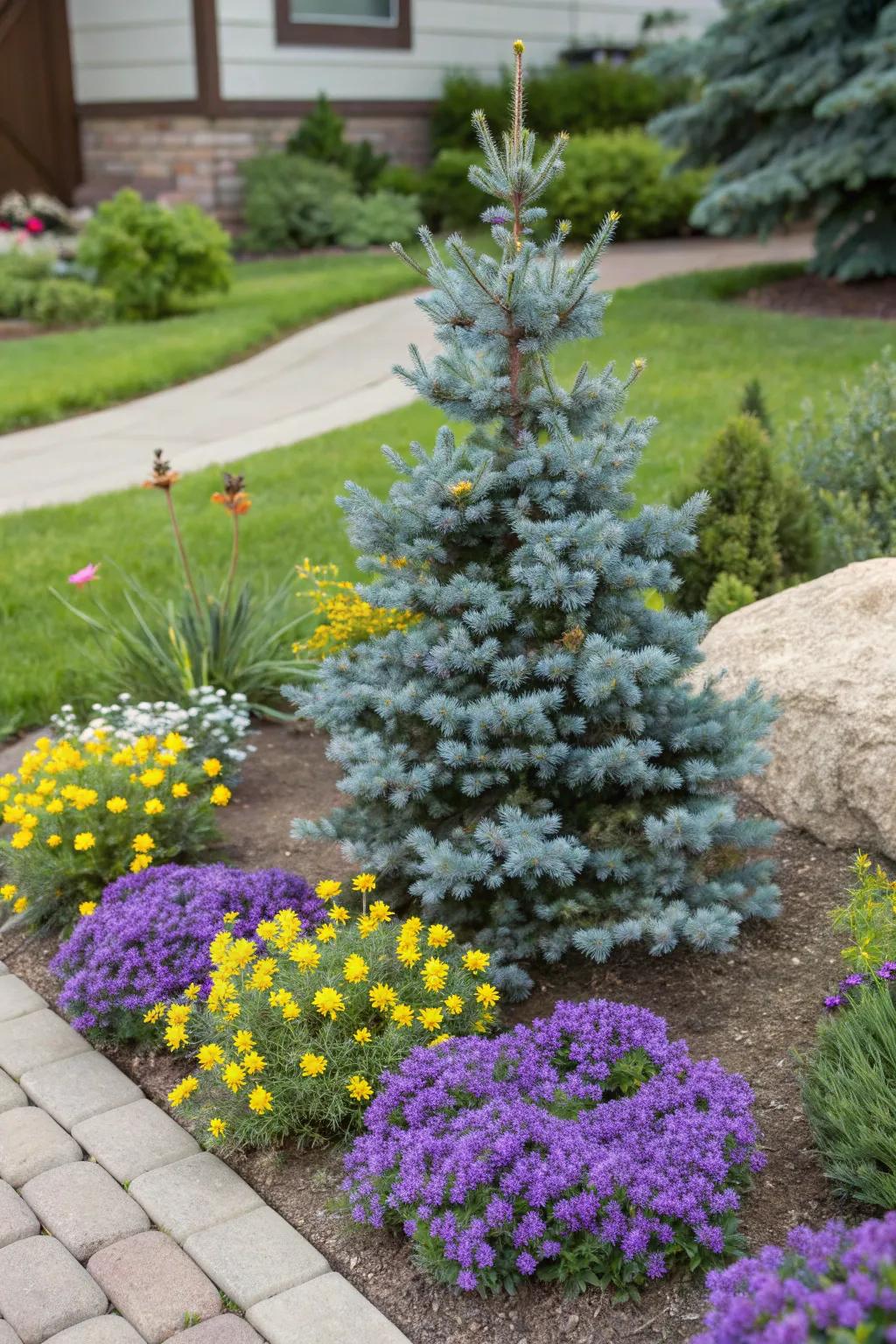 Dwarf blue spruce paired with colorful perennials for a striking contrast.