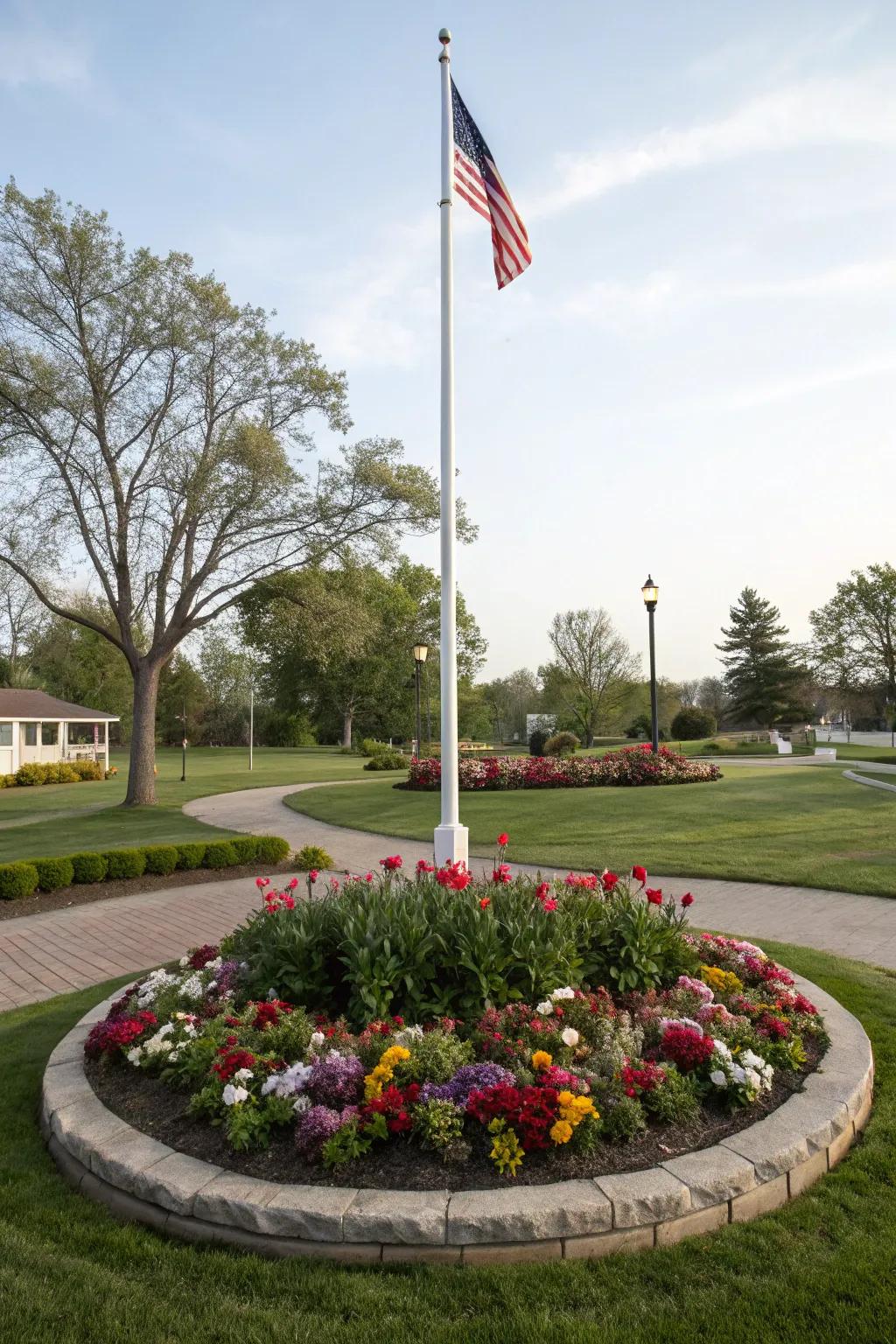 A central flagpole serves as a classic focal point in the front yard.