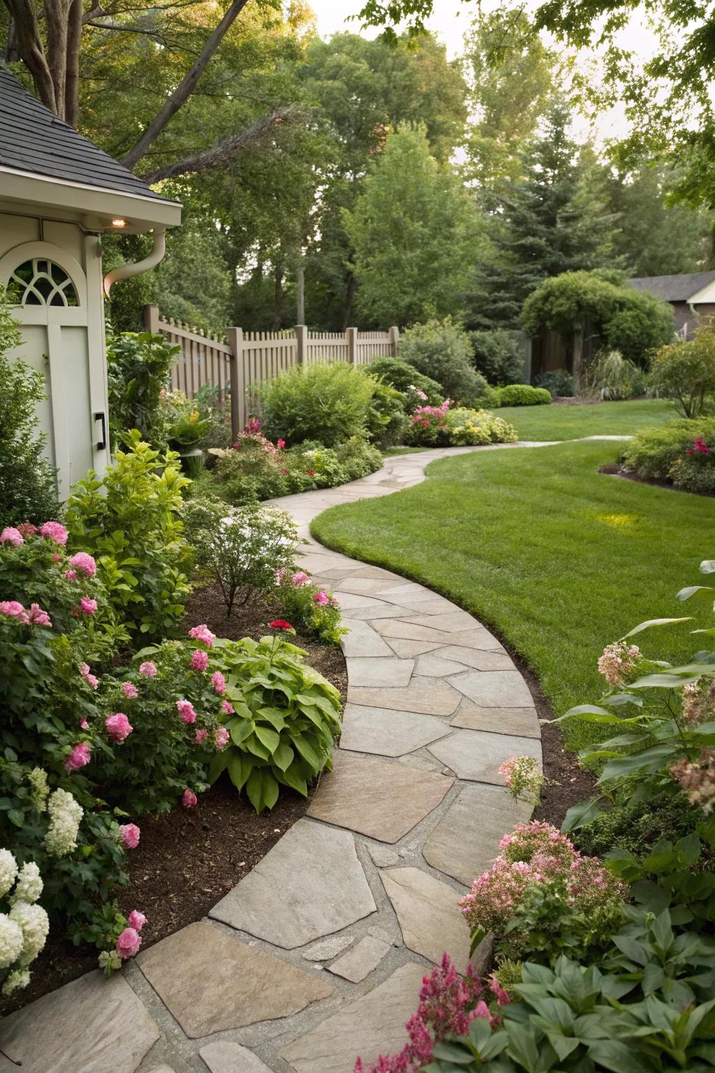 A curved flagstone path winding through a lush garden.