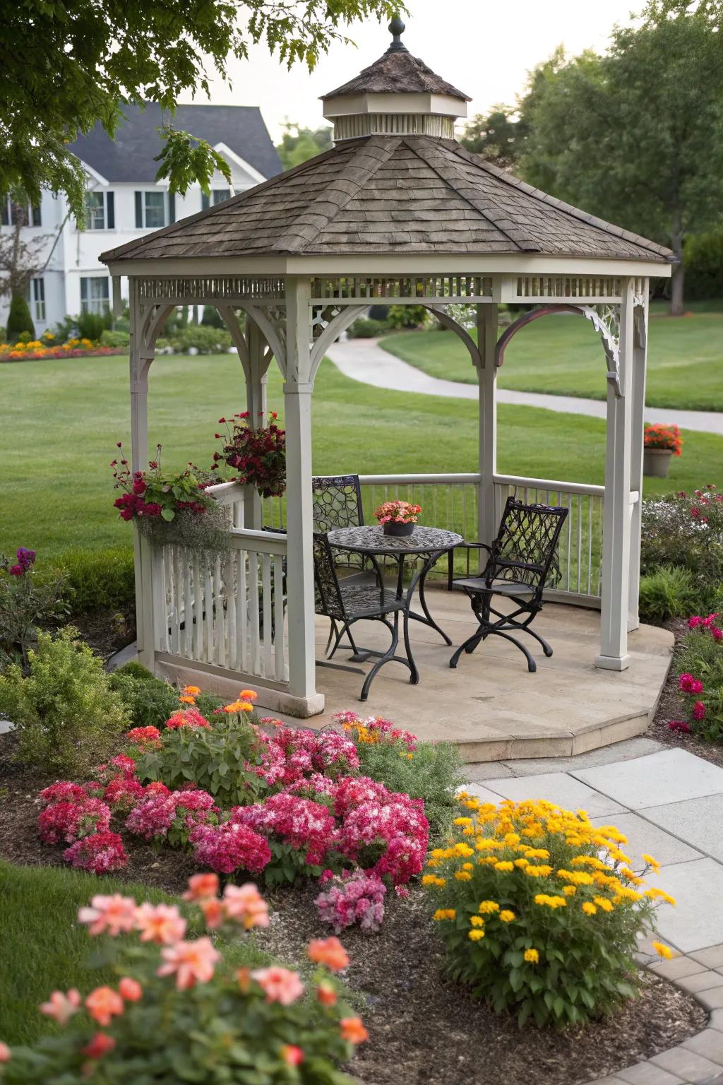 A classic wooden gazebo provides a perfect spot for morning coffee amidst nature.