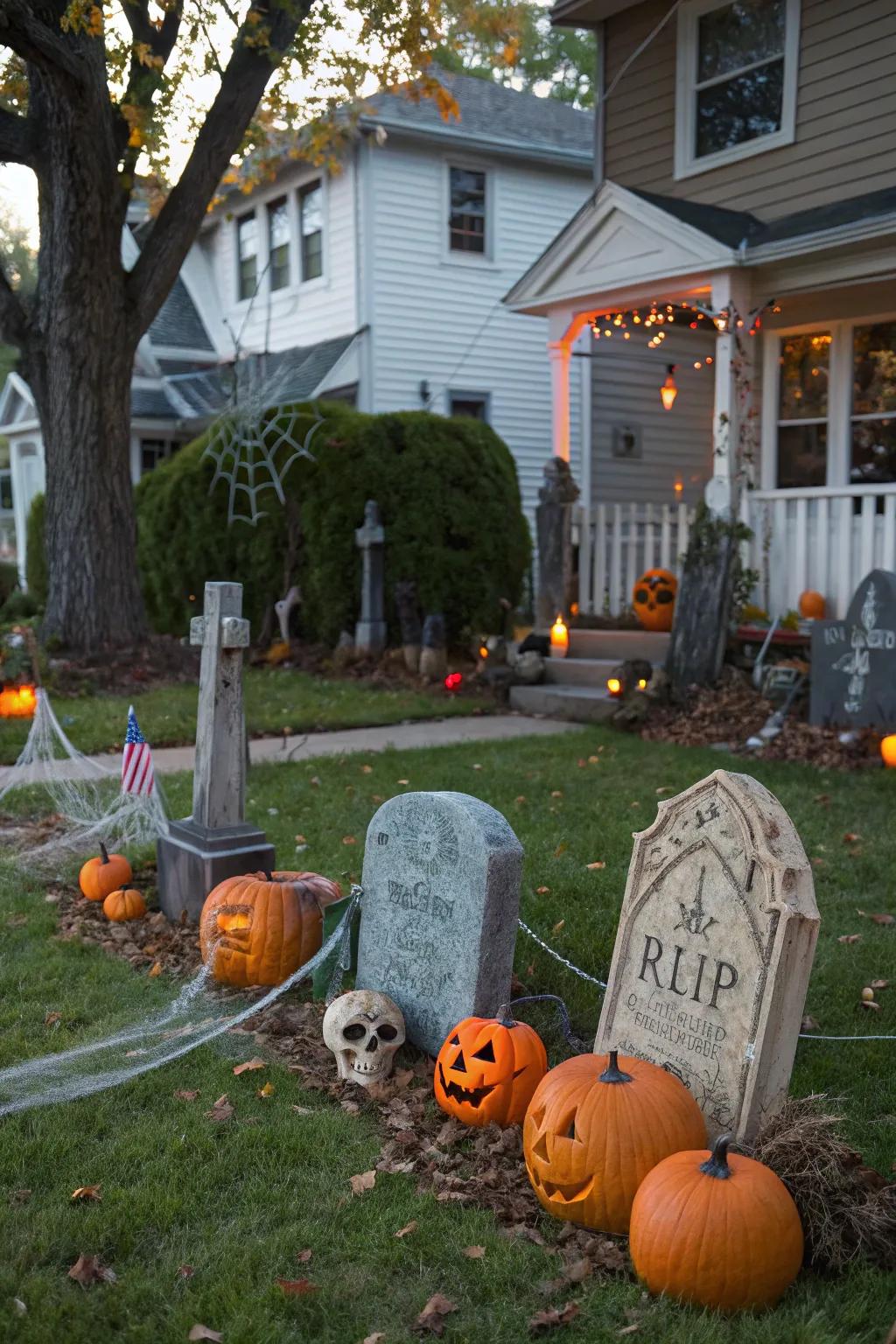 A cluster of tombstones creates an authentic graveyard feel.