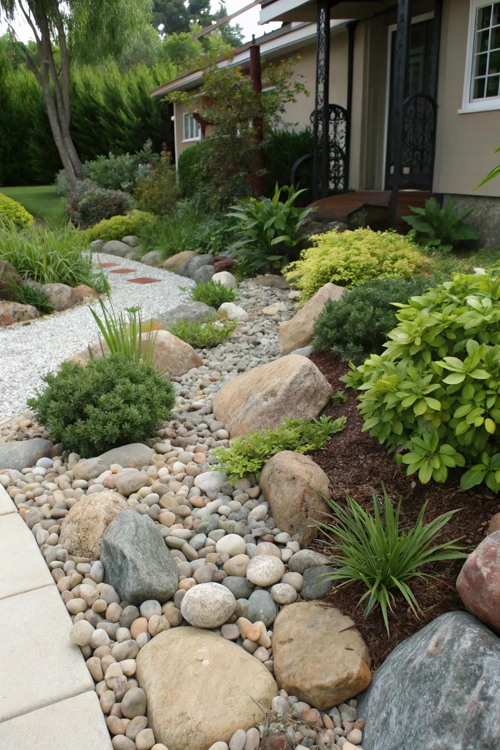 A rock garden adds depth and beauty to your front yard.