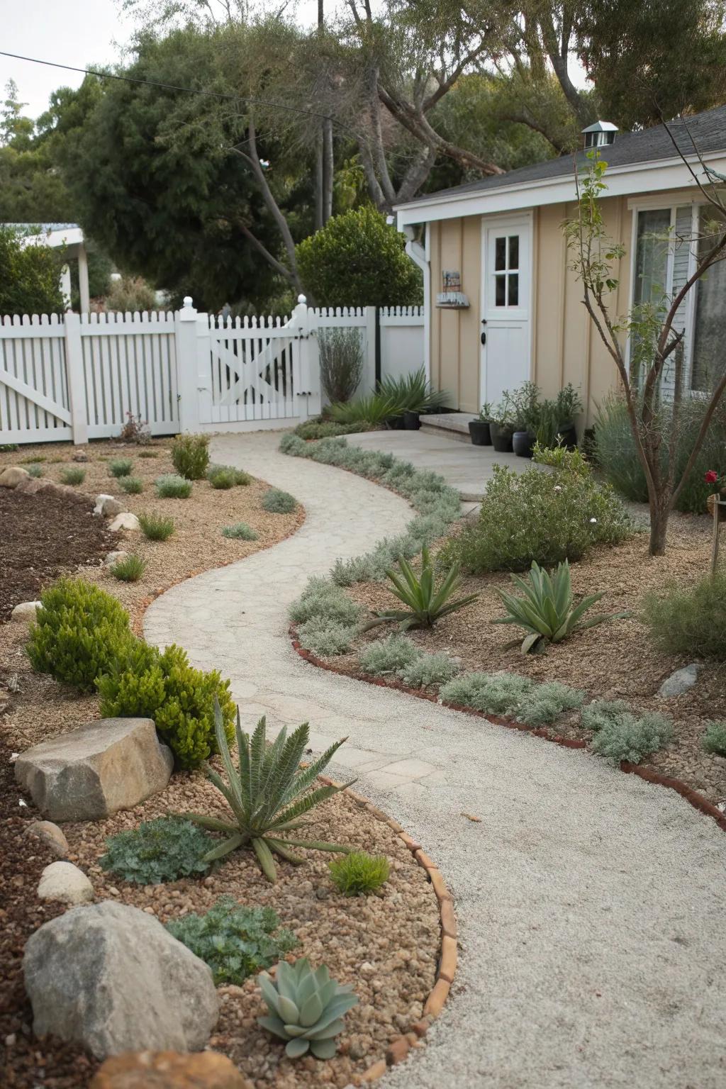 Gravel paths create a charming and maintenance-free walkway.