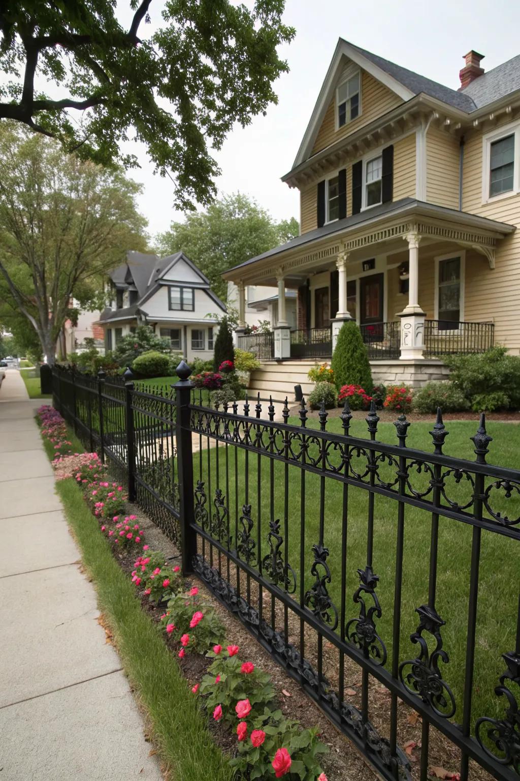 A classic wrought iron fence adds timeless elegance to this traditional home.