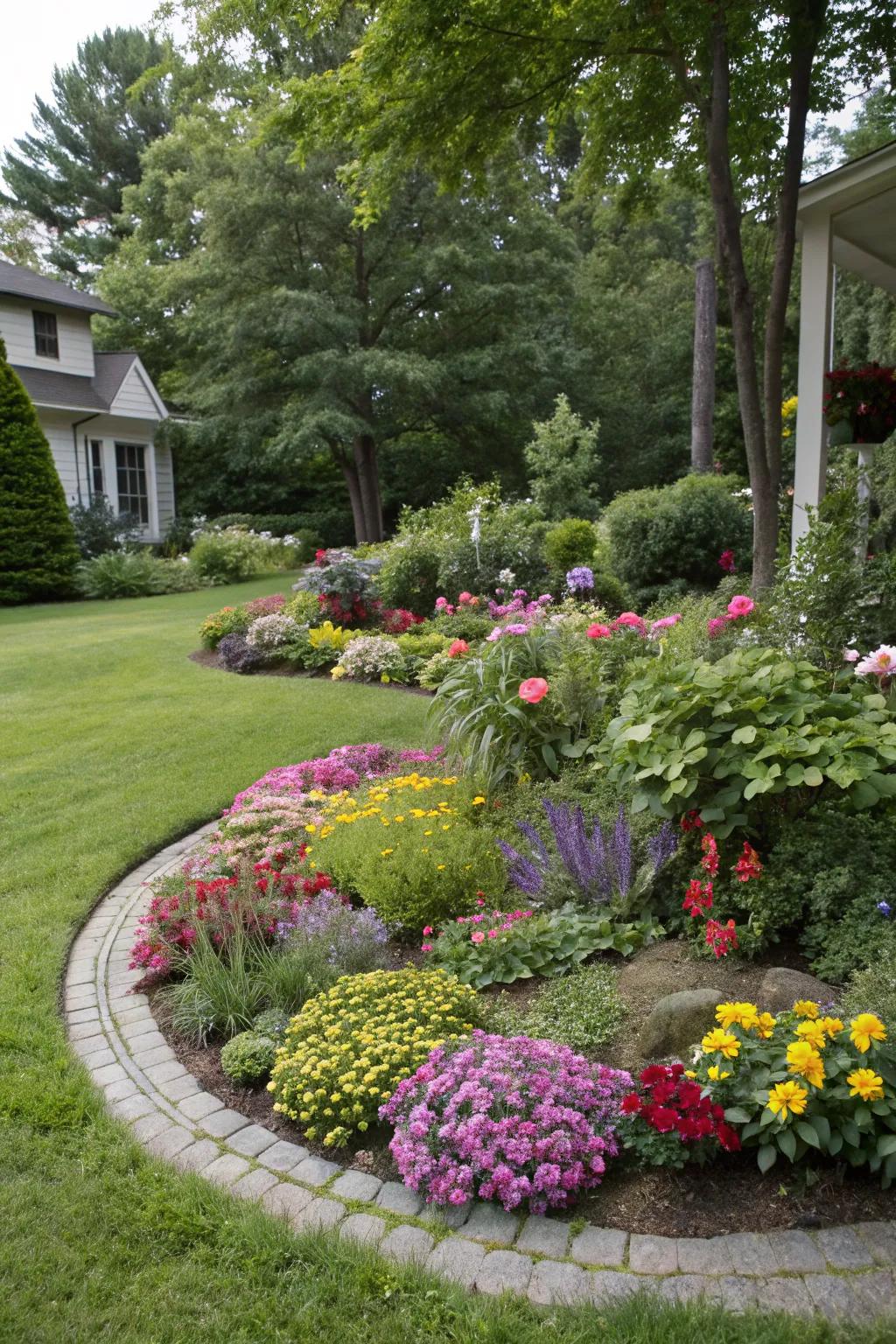 A classic circular island flower bed in a front yard, filled with diverse colorful flowers and lush greenery.