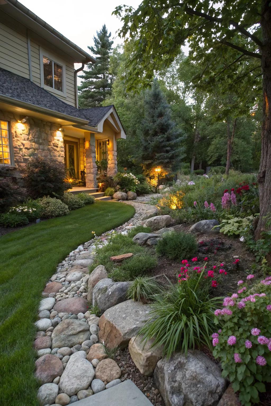 Natural stones create a rustic charm as landscape edging in this lush front yard.