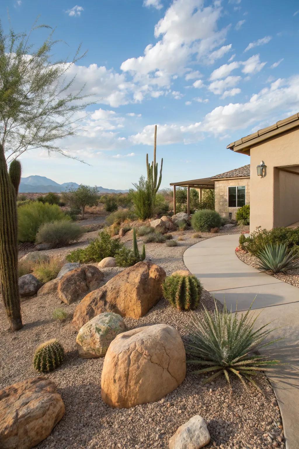 A desert landscape in Arizona using gravel and stones for a natural look.