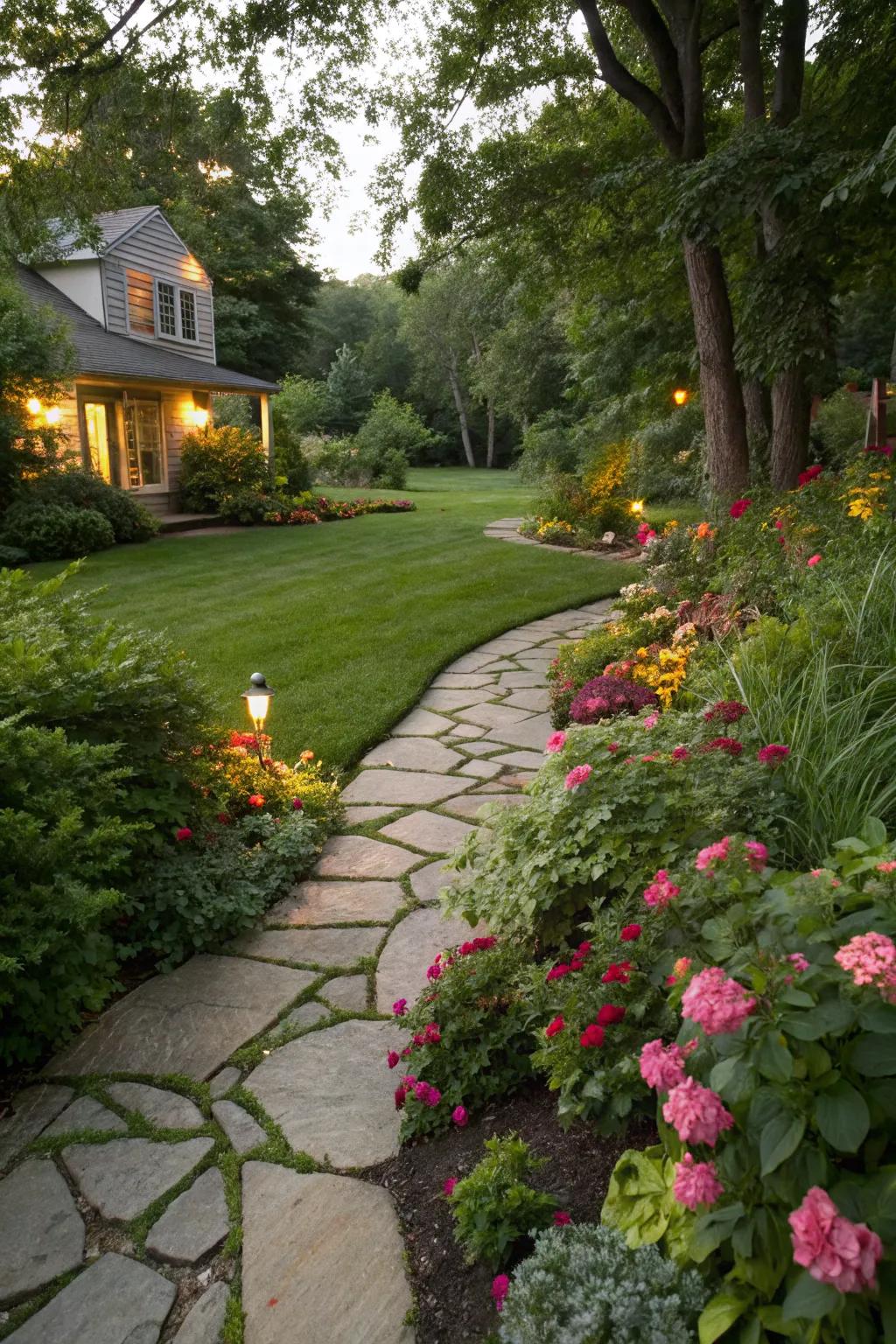 A charming stone pathway that guides visitors through a vibrant front yard oasis.