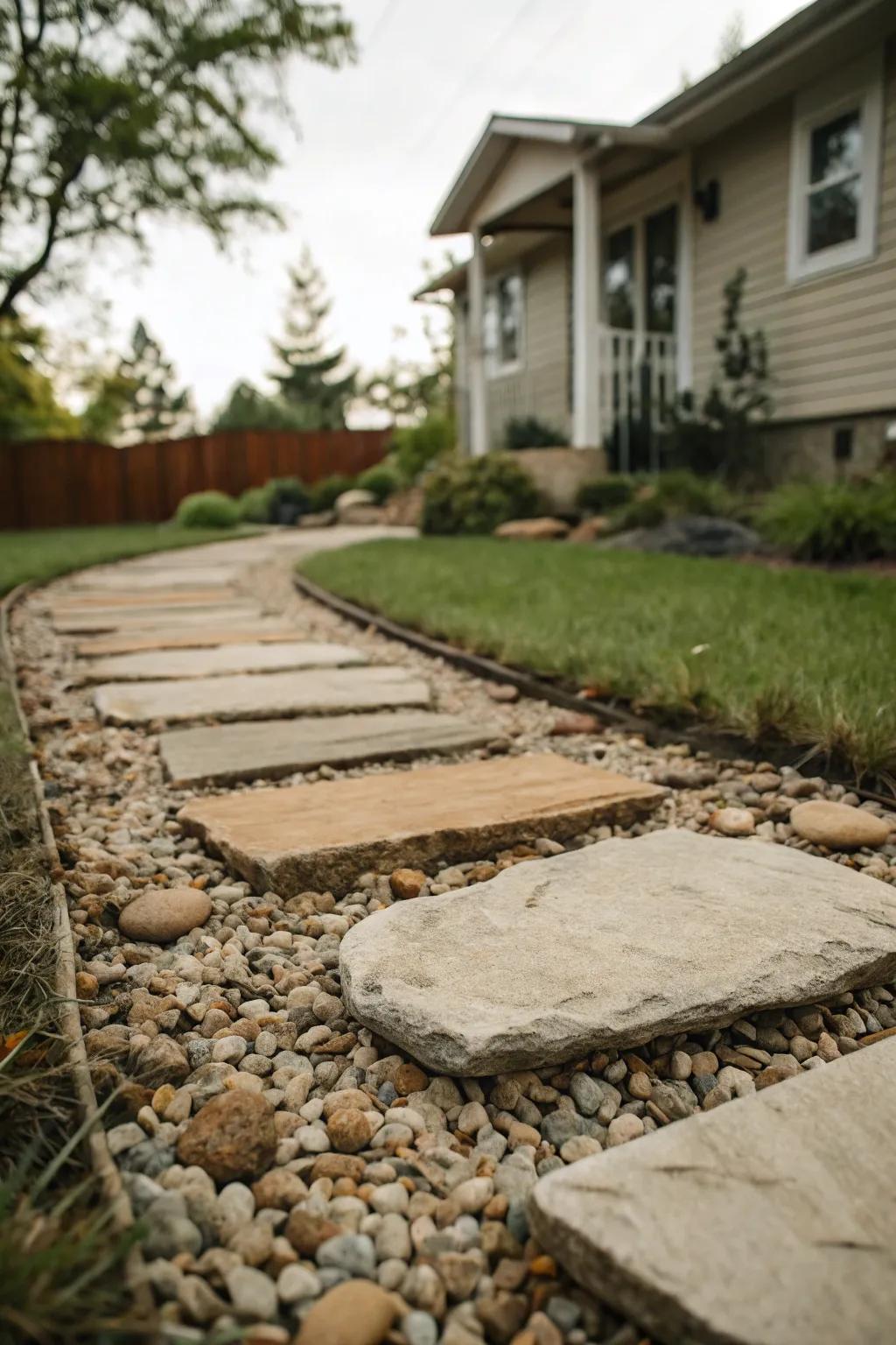 A whimsical stepping stone pathway enhances the front yard's appeal.