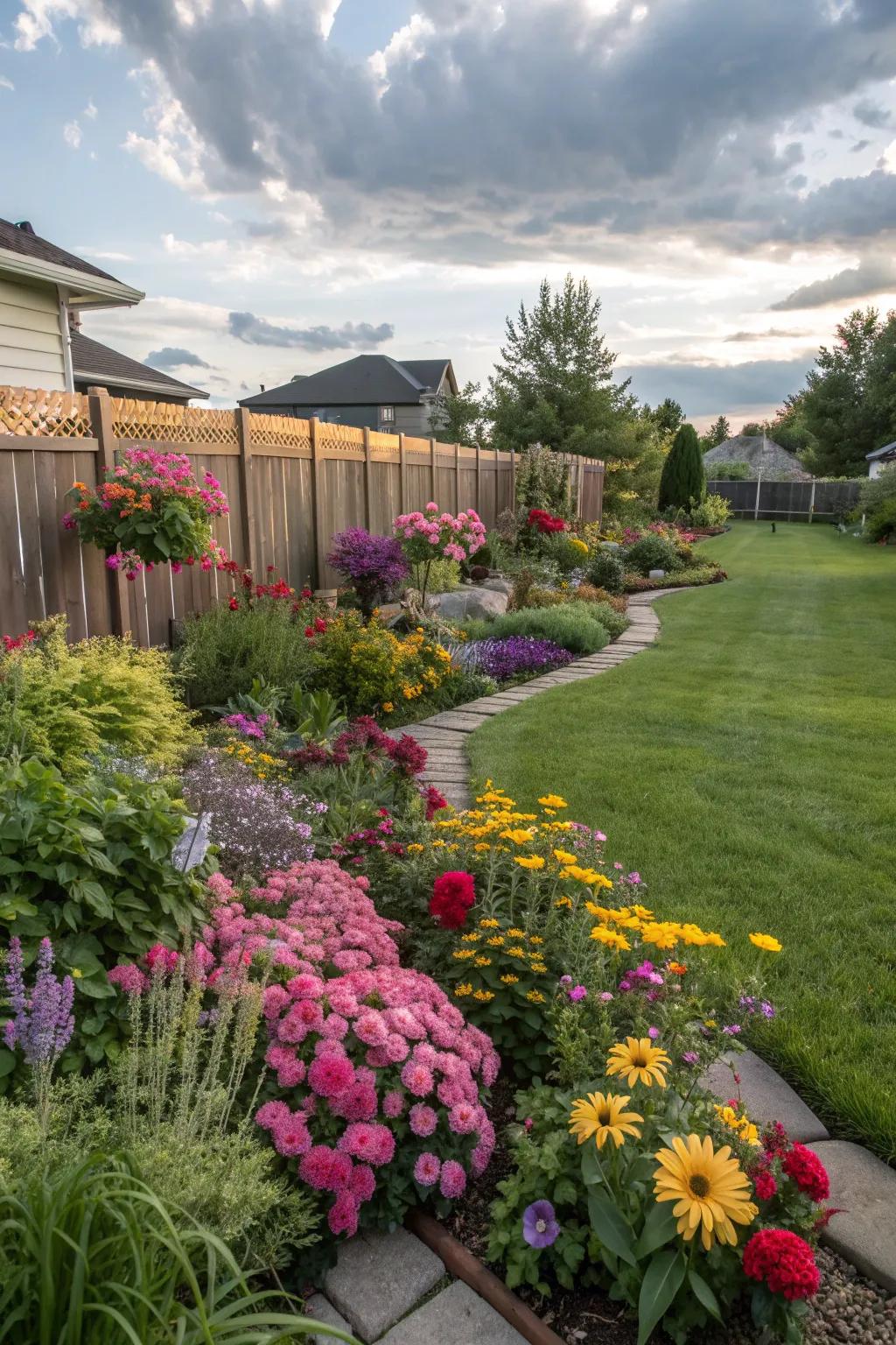 A vibrant mix of colorful plants in a Zone 6 front yard.