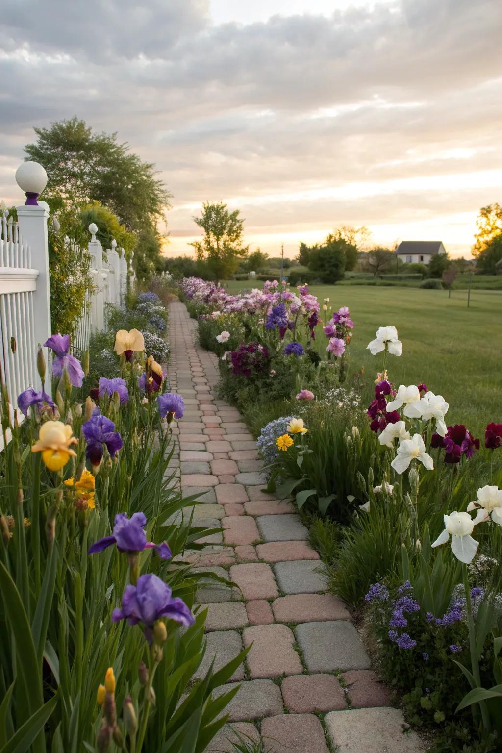Pathway bordered with vibrant irises, creating a natural guide to the front door.