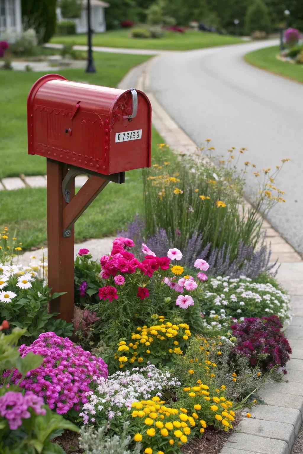 A mailbox enhanced by a lively flower bed, adding charm to the front yard.