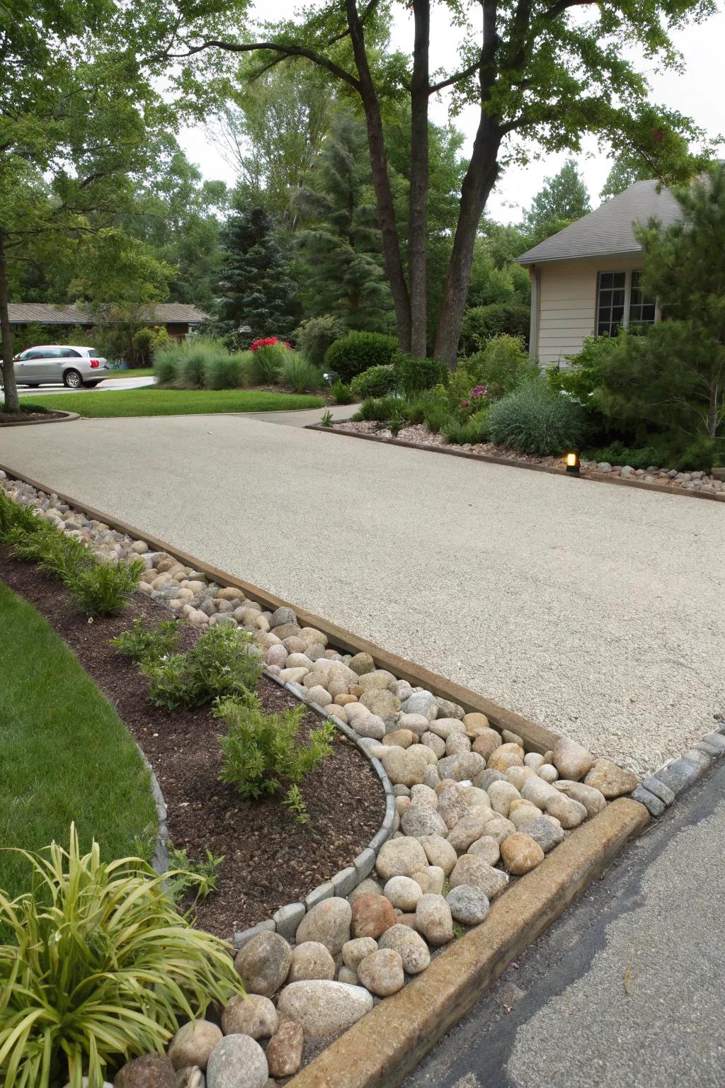 Gravel parking pad seamlessly integrated into a green landscape.