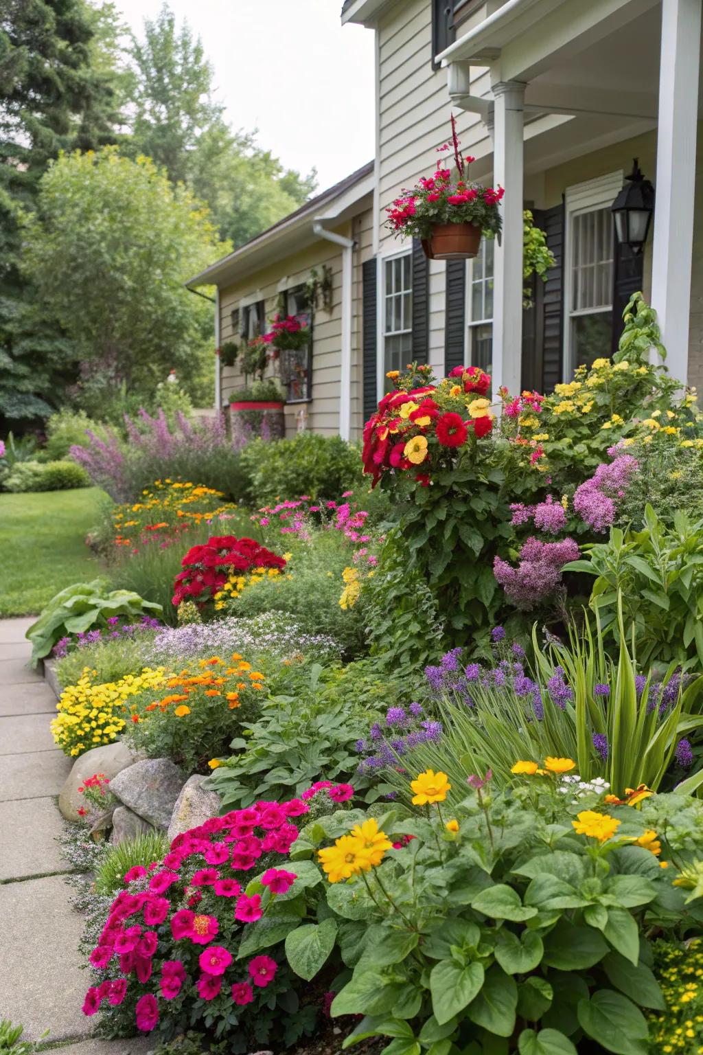 A front yard bursting with colorful flowers and lush greenery.