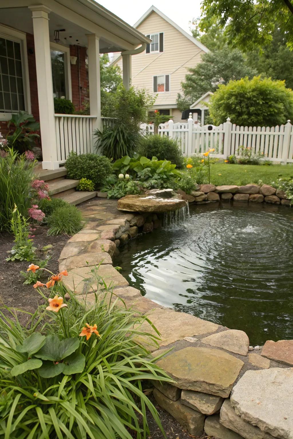 A front yard pond elegantly edged with natural stones.
