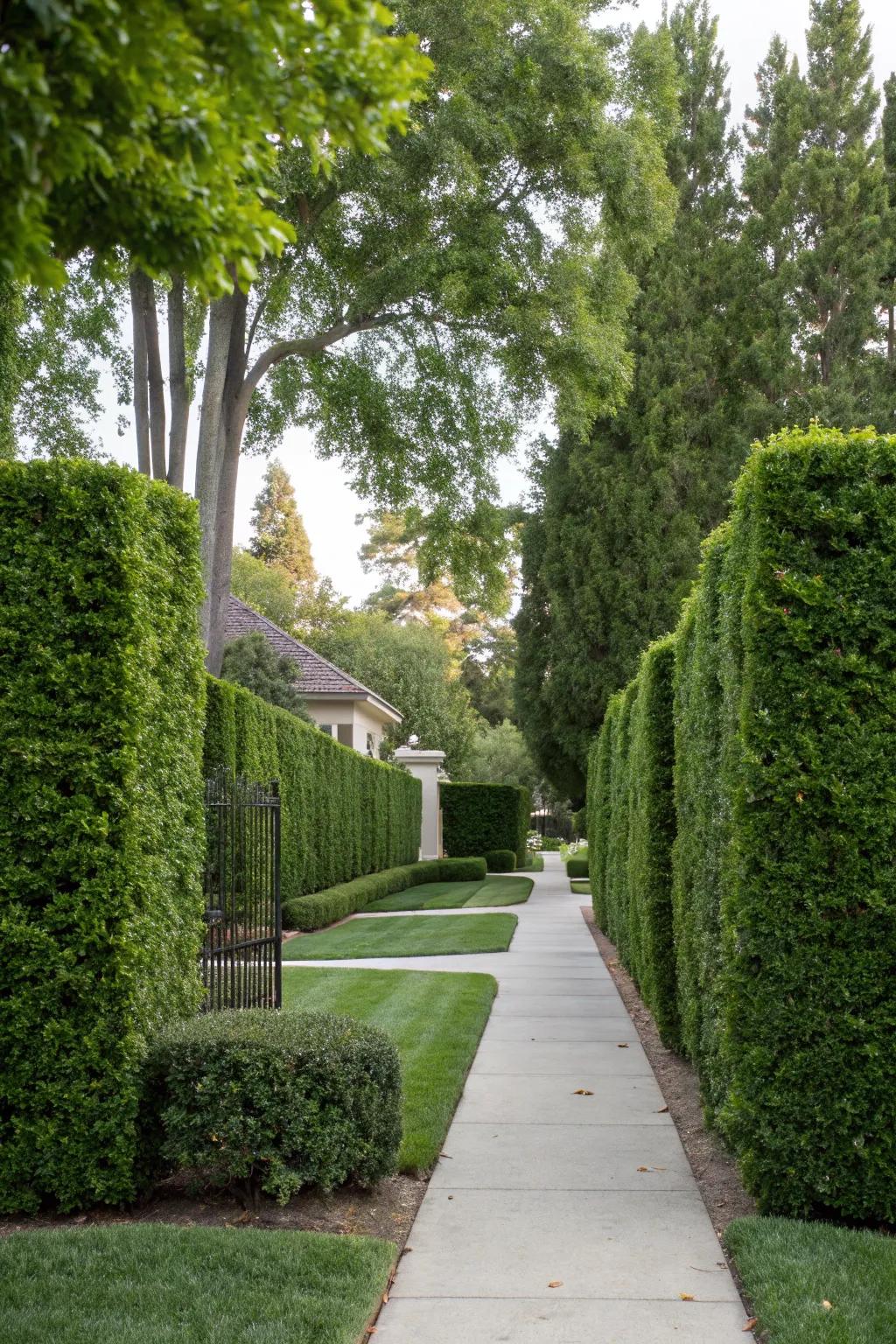 Tall hedges create a leafy barrier for your front yard.