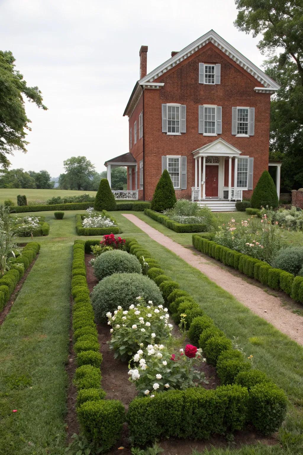 Symmetrical planting in front of a red brick house adds a sense of order and elegance.