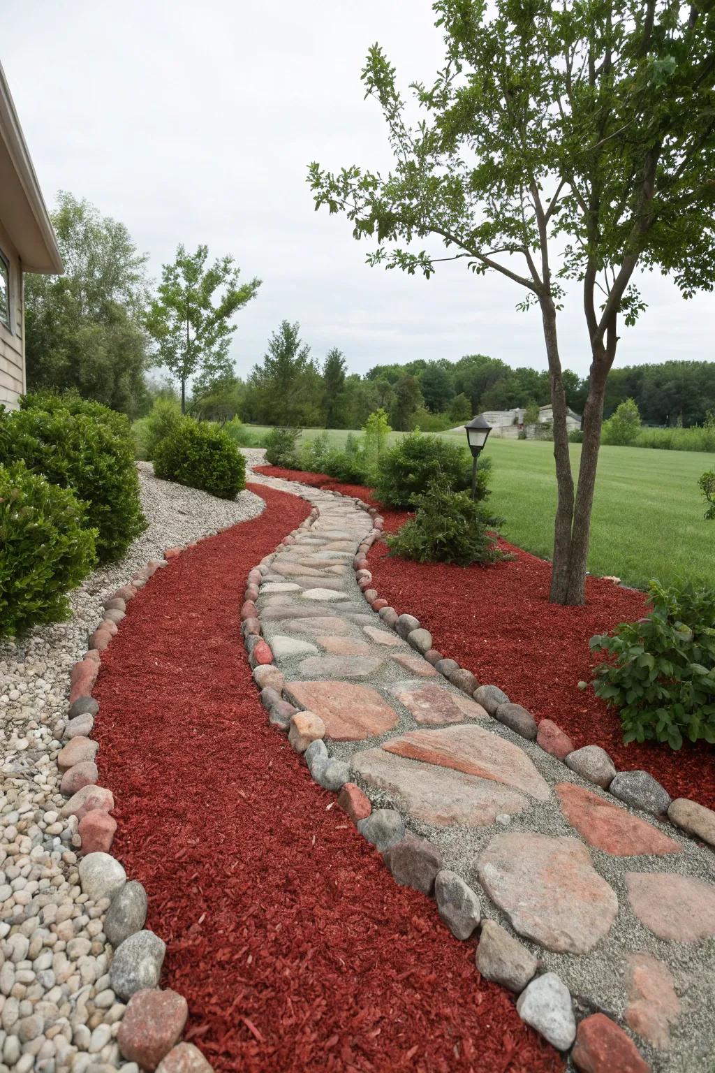 Pathway elegantly bordered with red mulch, adding vibrant contrast.