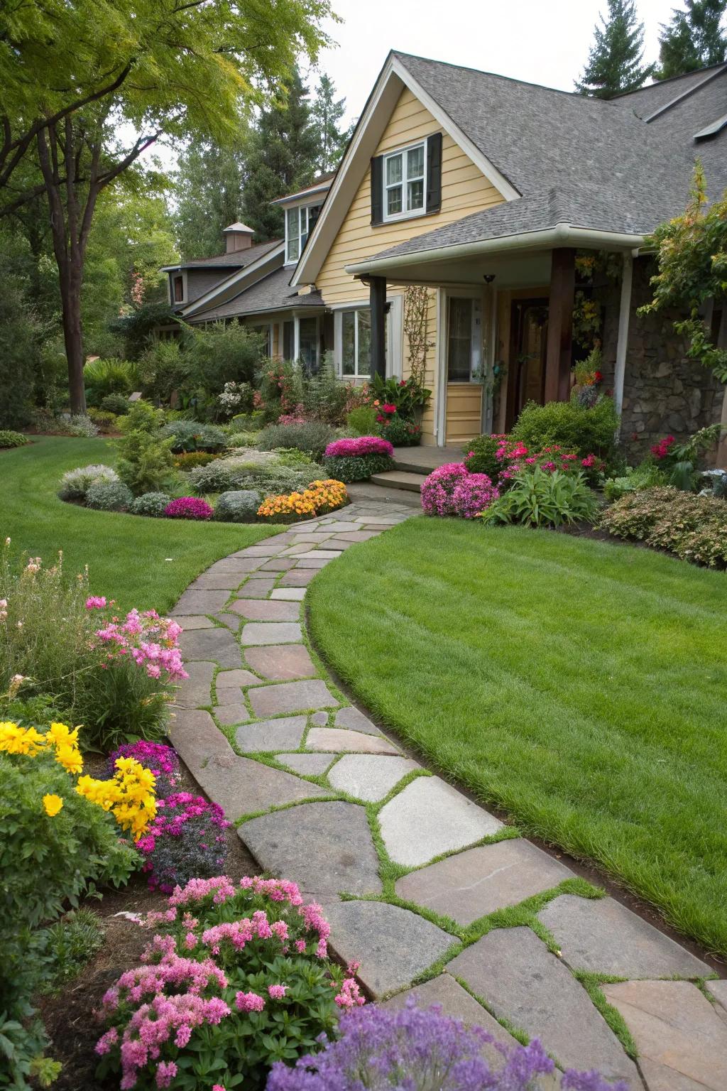 A stone pathway adds charm and structure to your front yard.
