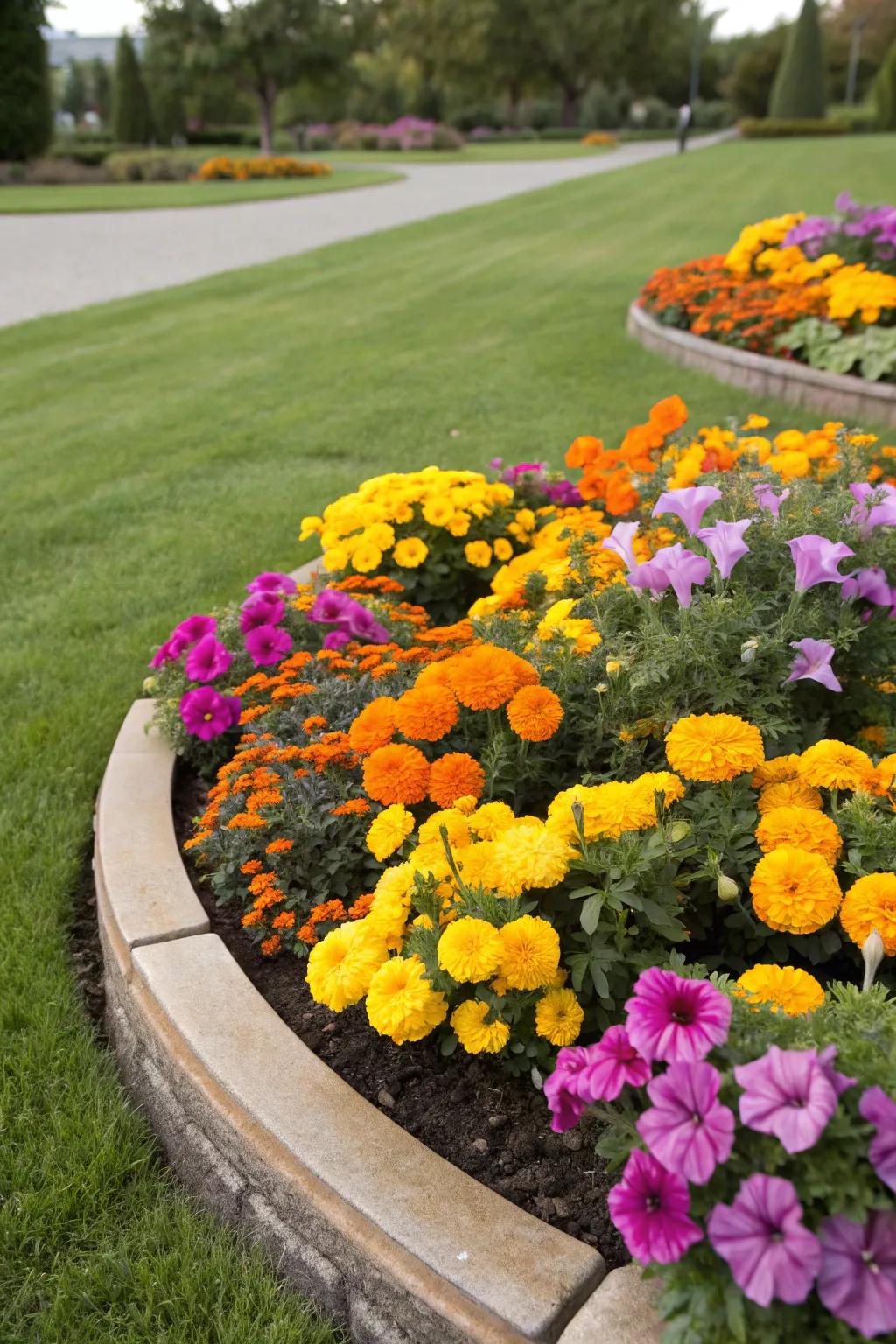 A colorful mix of marigolds and petunias creates a lively front yard display.
