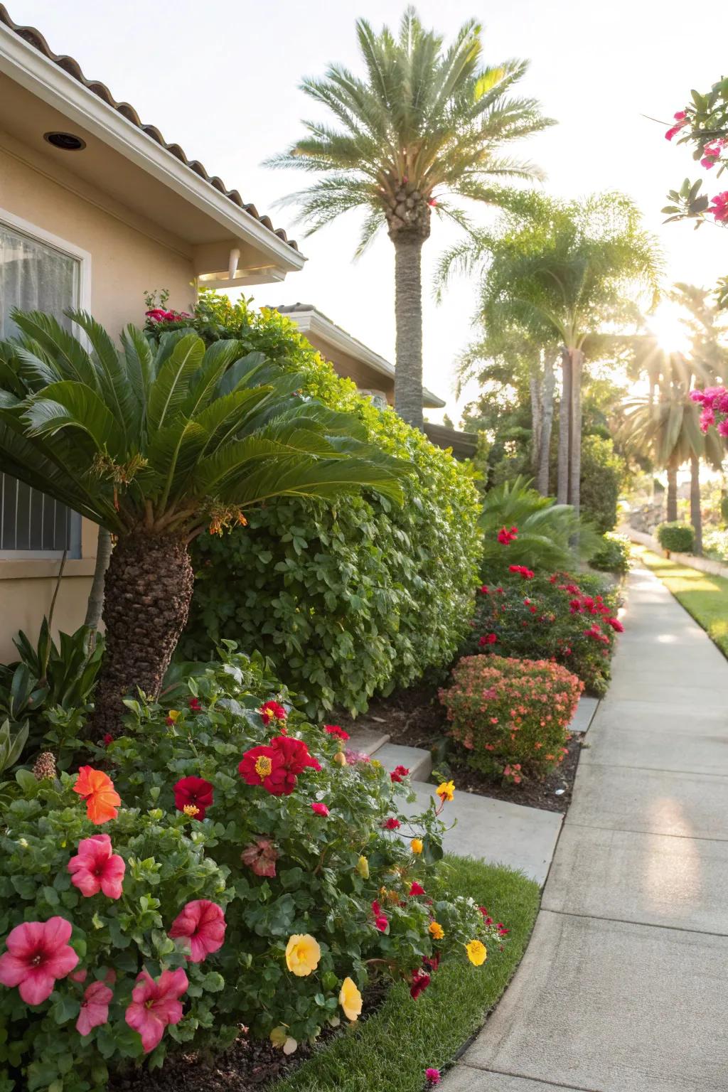 A tropical corner featuring vibrant hibiscus and majestic sago palms.