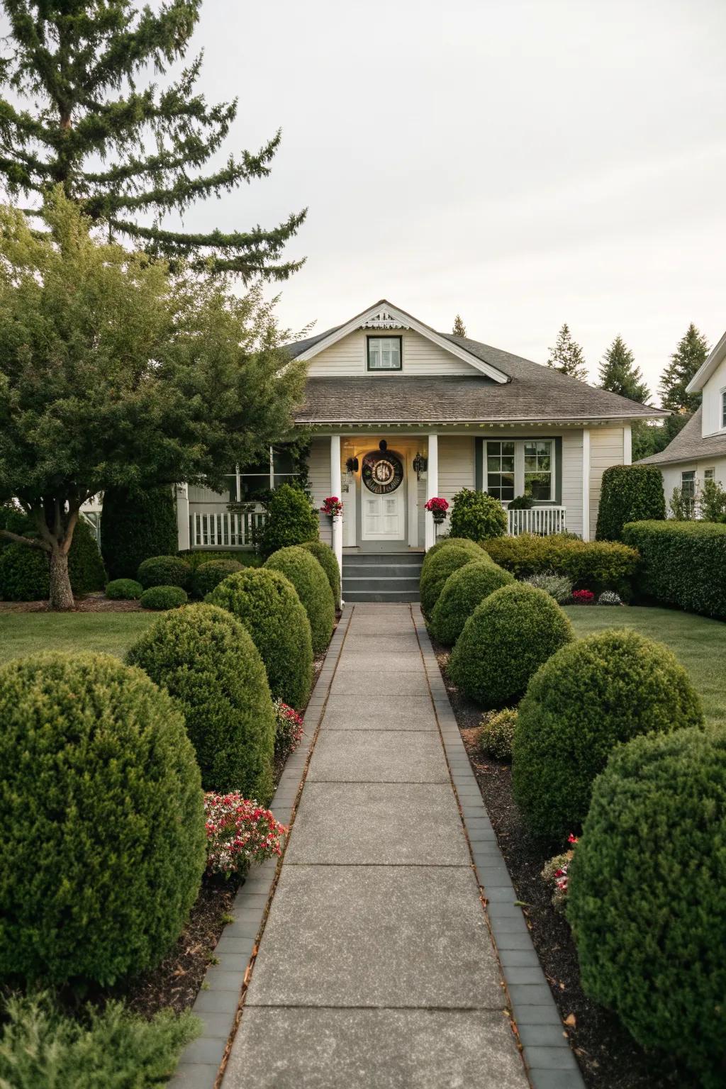 Symmetrical shrubs create a welcoming path to your home.
