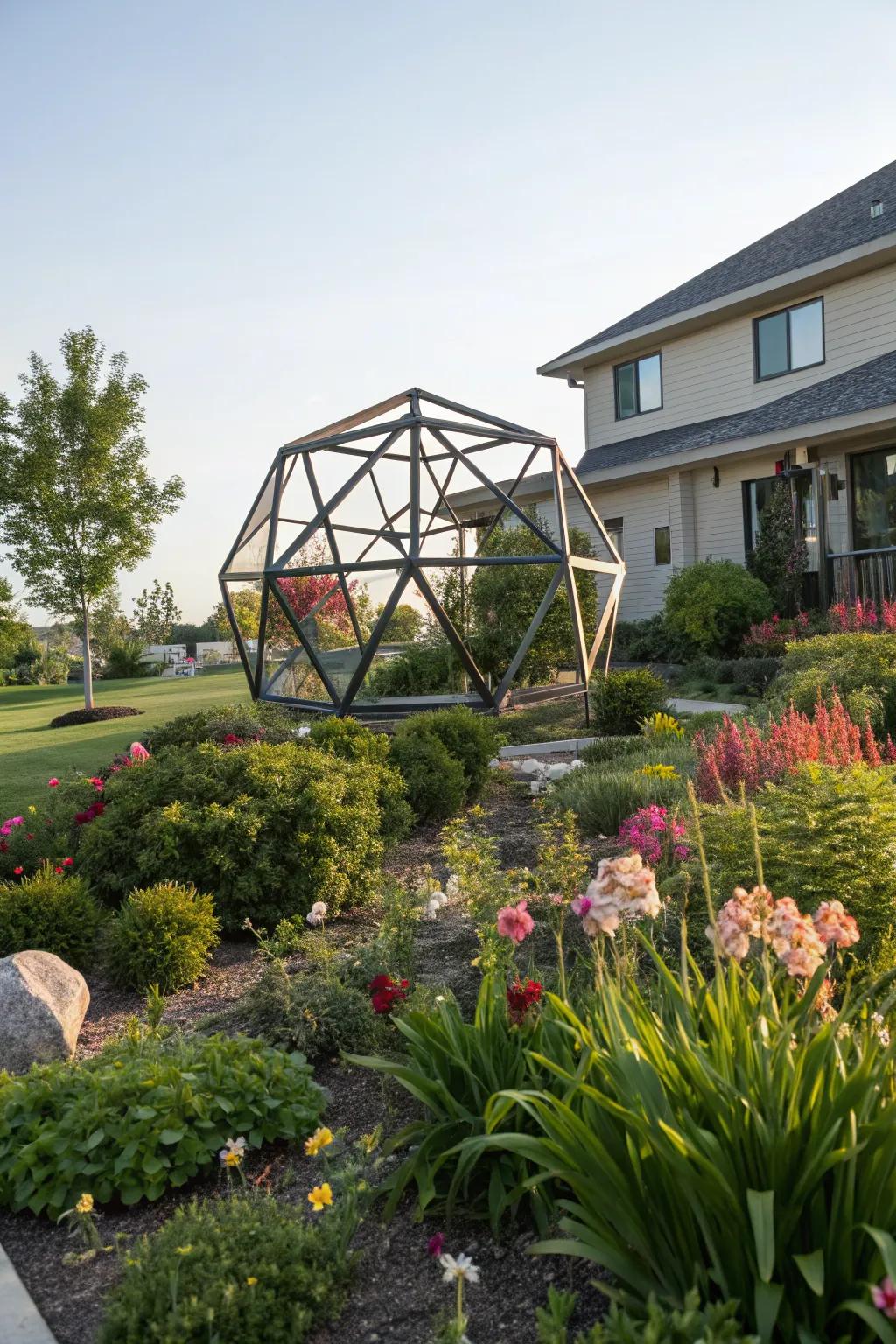 Modern geometric sculpture adding an artistic flair to the yard.