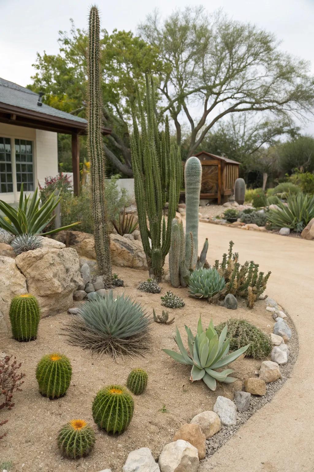 Drought-resistant plants like cacti and succulents add texture and require minimal water